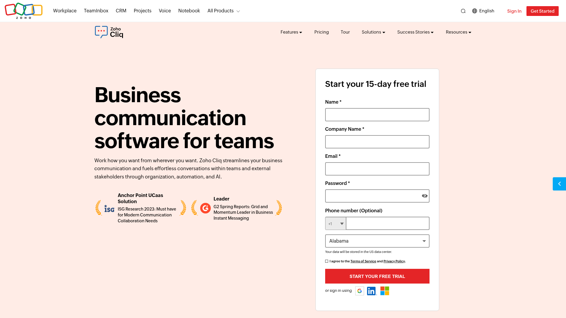 Zoho Cliq business communication software homepage