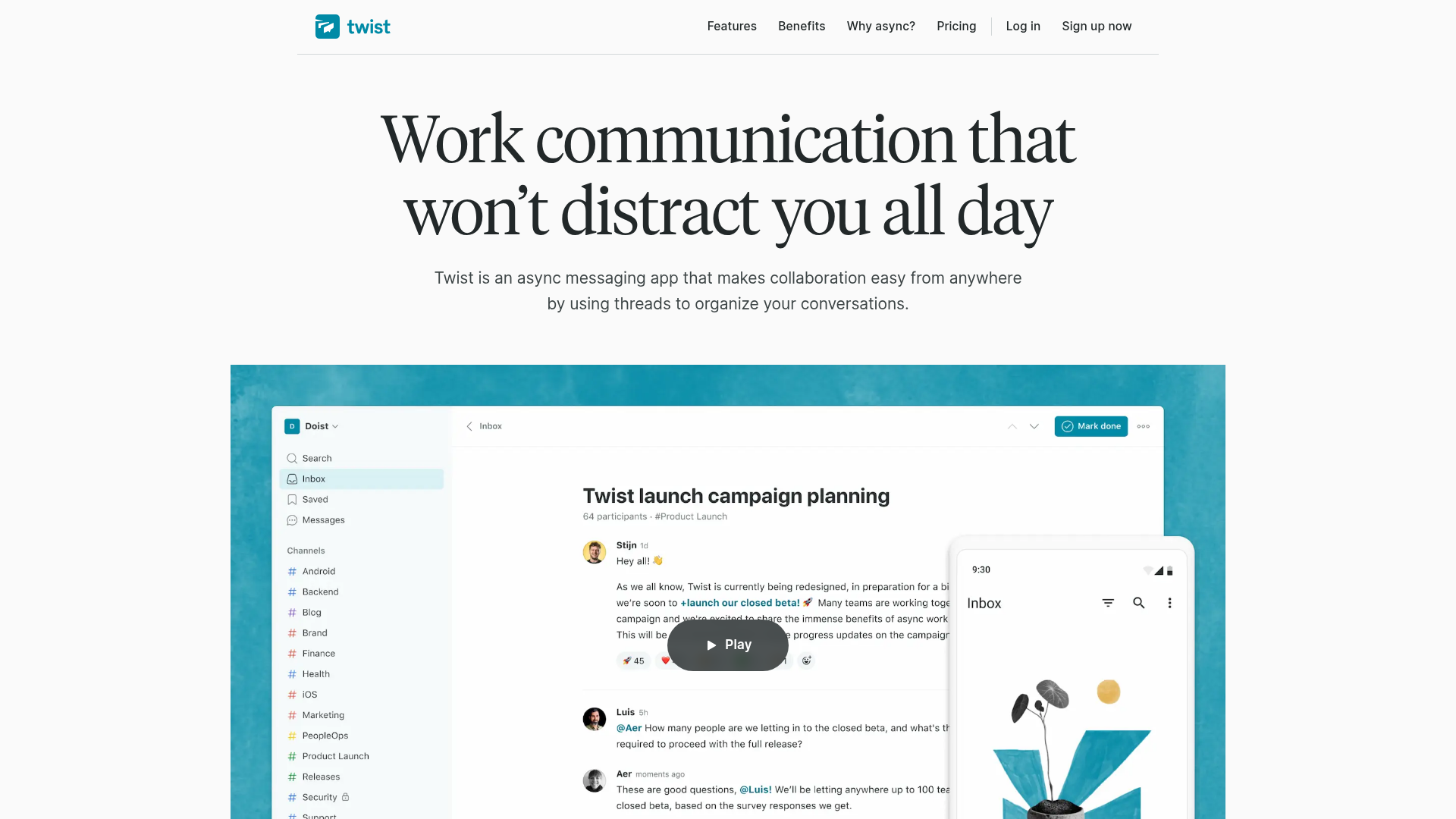 Twist async team chat software homepage