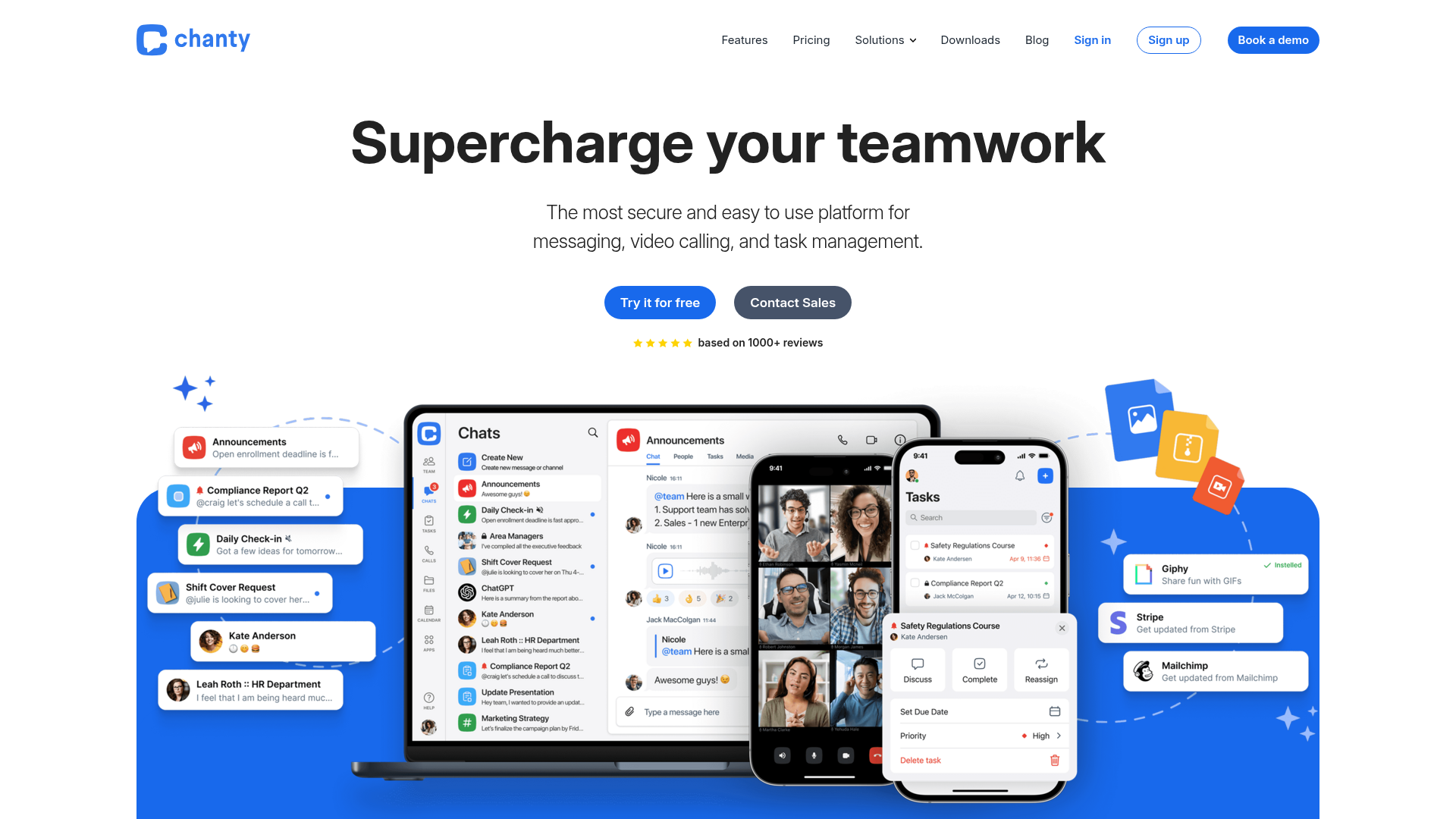 Chanty team chat app with task management homepage