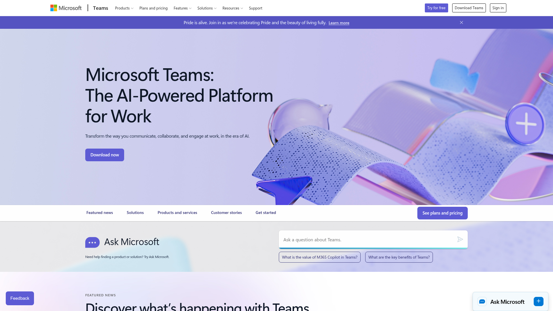 Microsoft Teams business chat software homepage