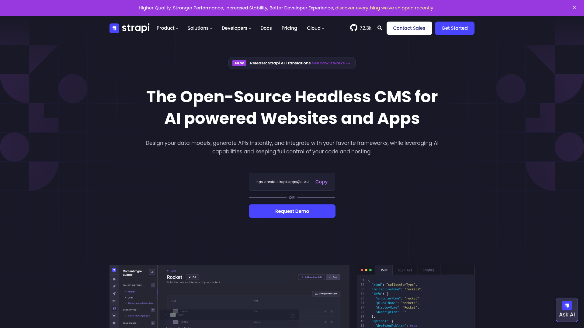 Strapi open source headless CMS homepage