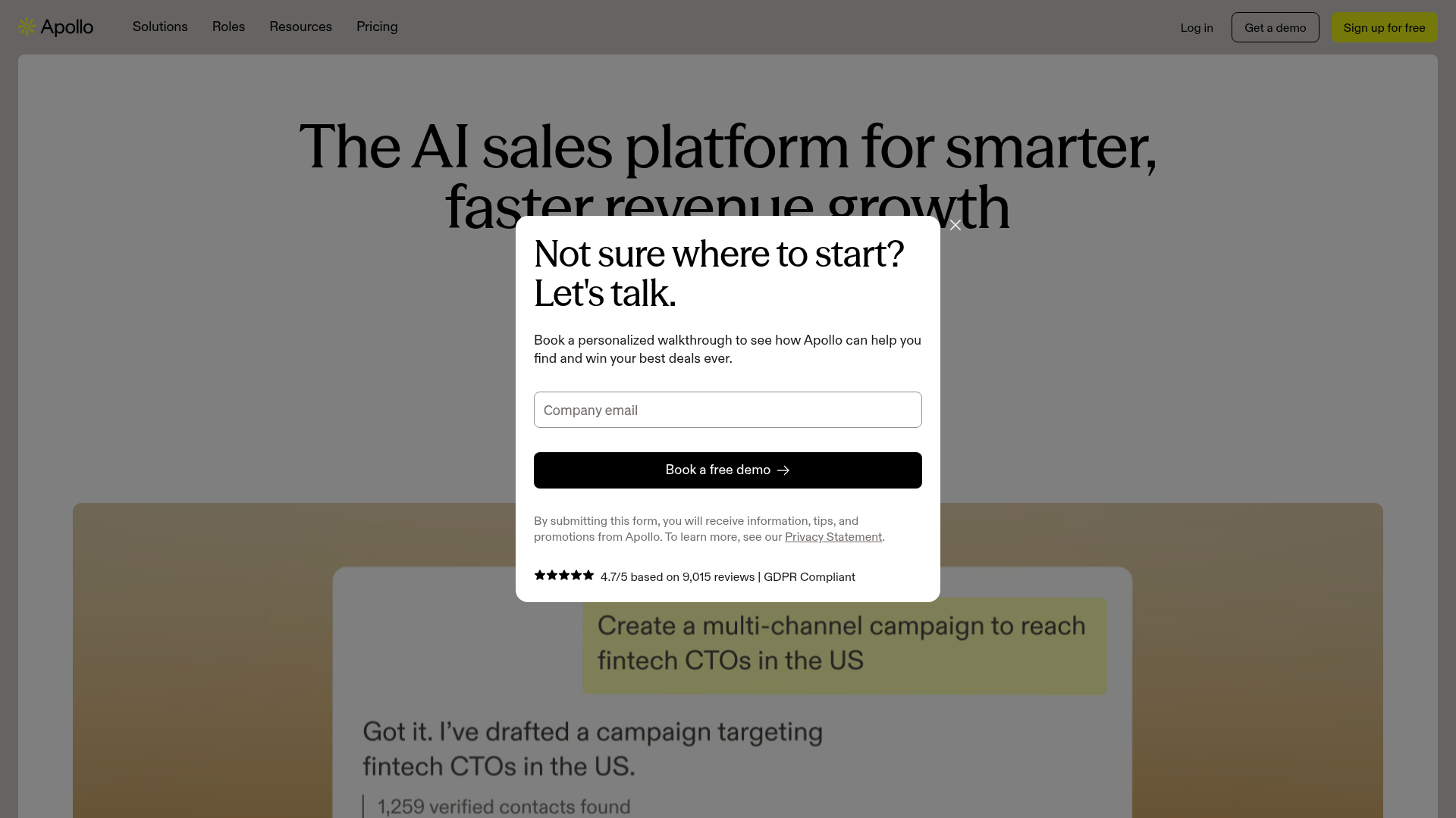 Apollo.io sales platform showing contact database search and outbound campaign builder