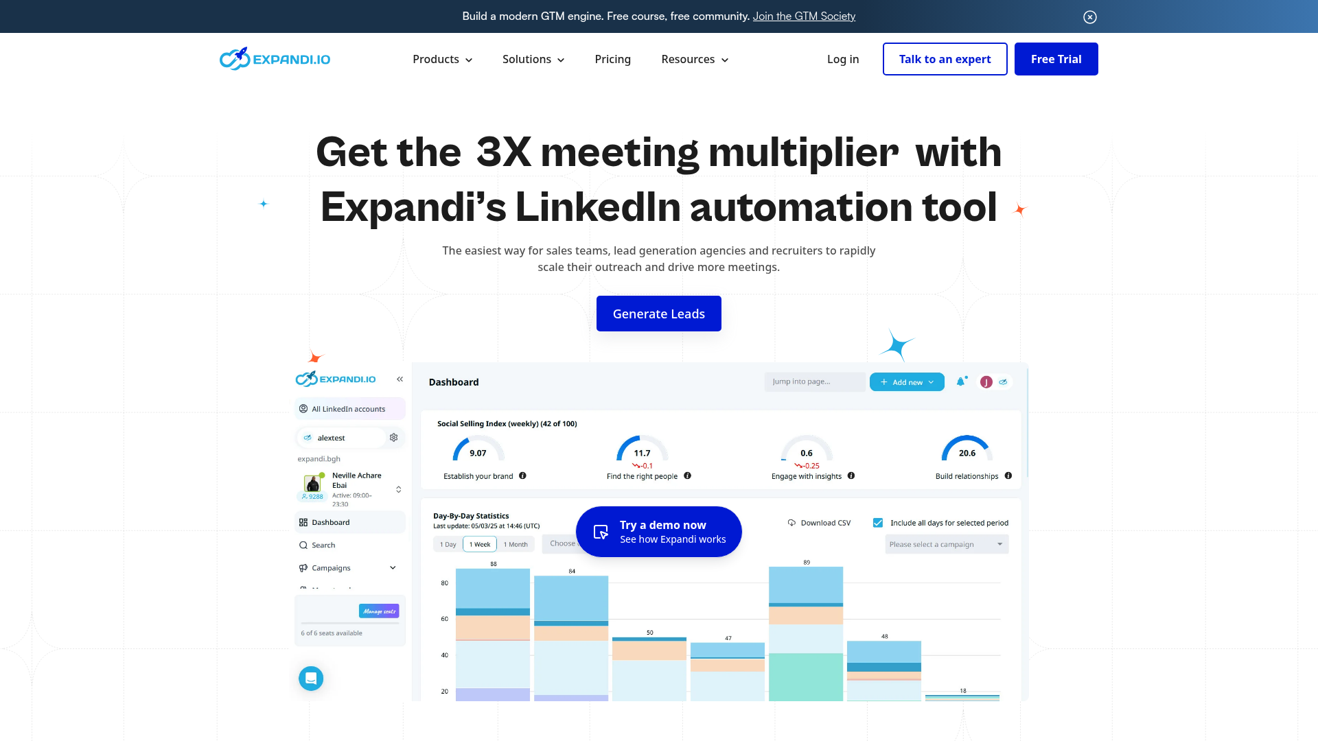 Expandi LinkedIn automation dashboard showing campaign sequences and outreach steps