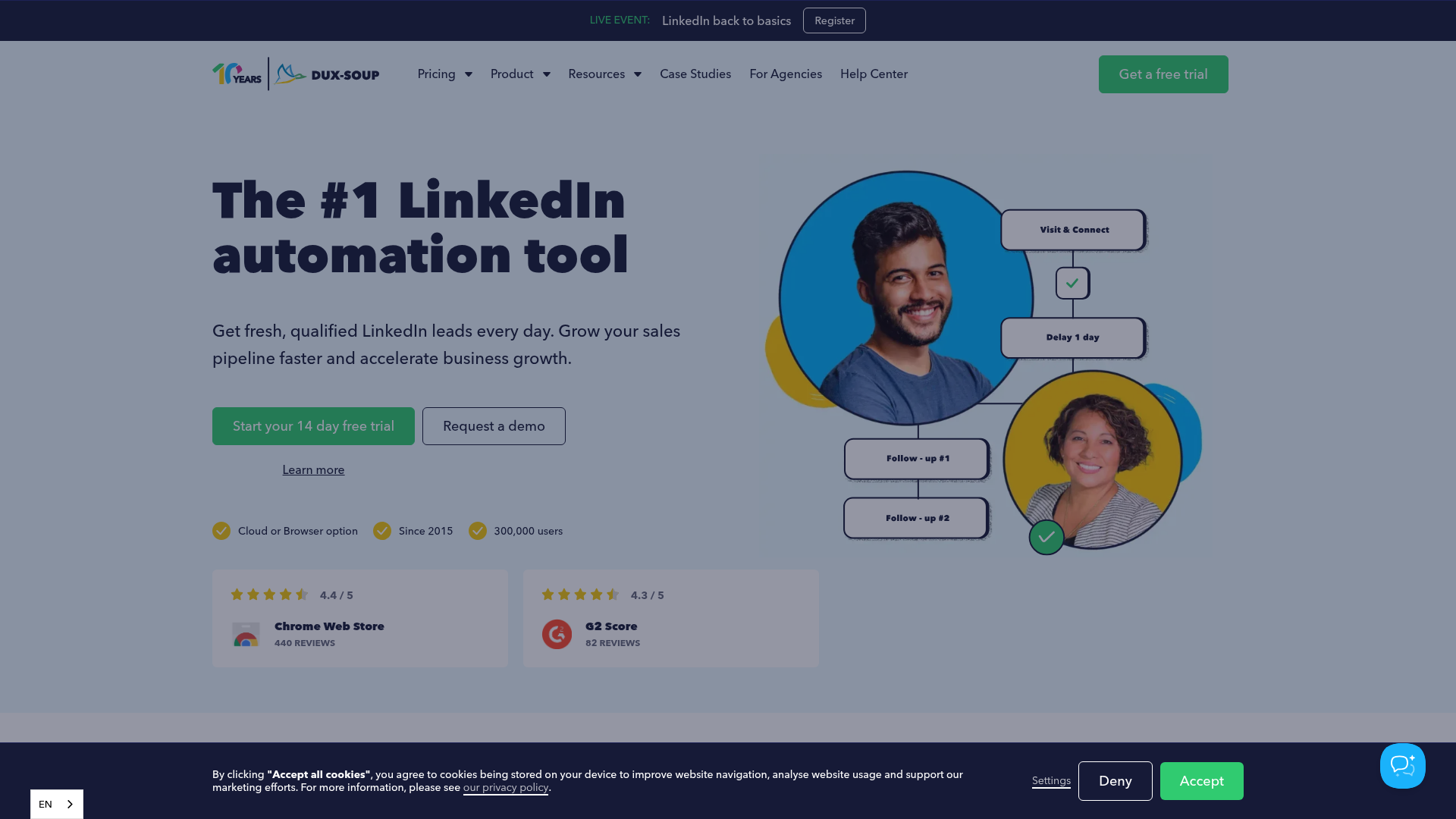 Dux-Soup LinkedIn automation tool showing drip campaign settings and lead actions