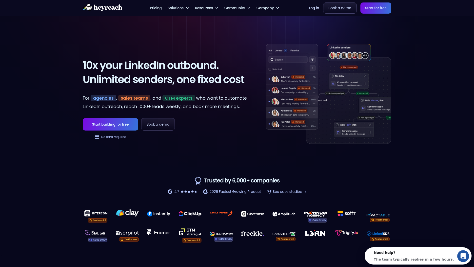 HeyReach platform showing multi-account LinkedIn outreach and unified inbox