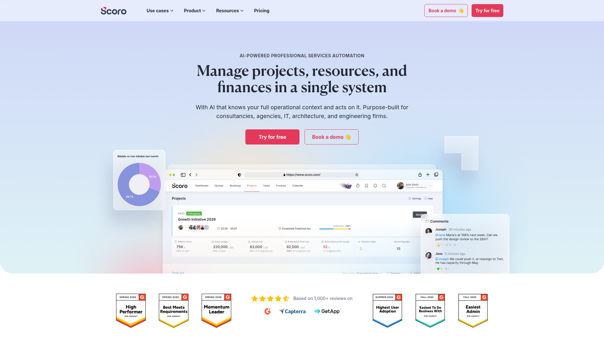 Scoro work management and PSA platform dashboard