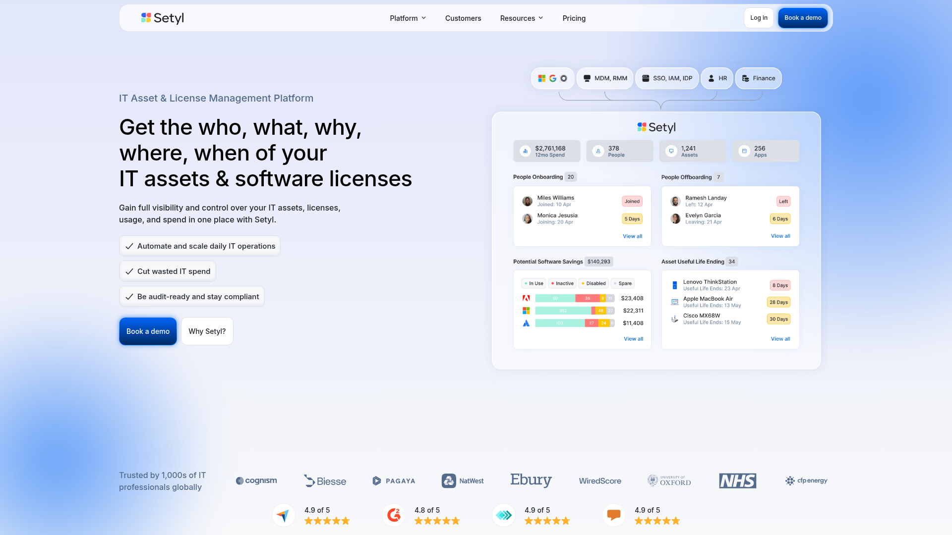 Setyl IT asset and SaaS management platform pricing page