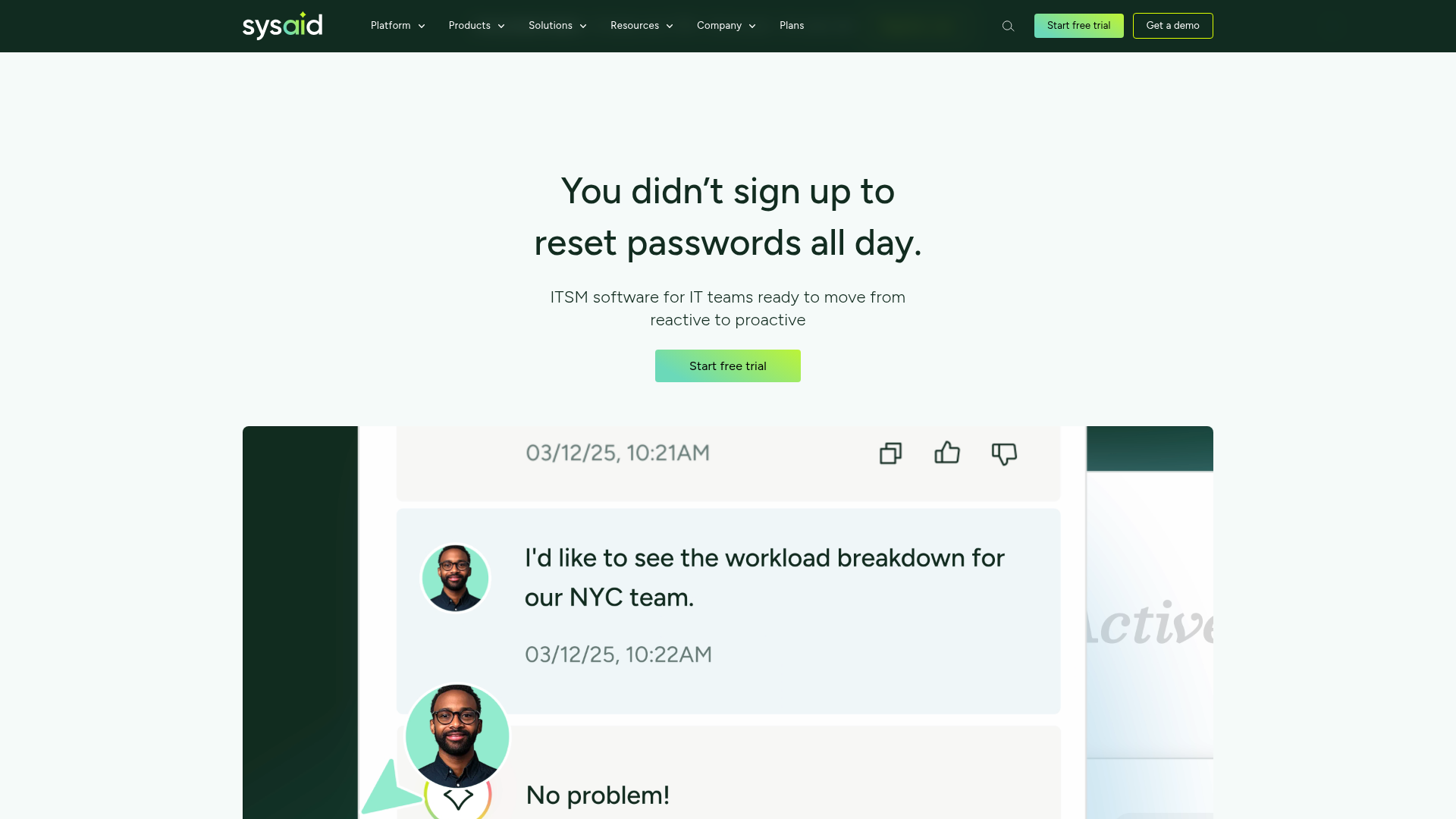 SysAid AI-powered ITSM platform homepage showing service desk and asset management features