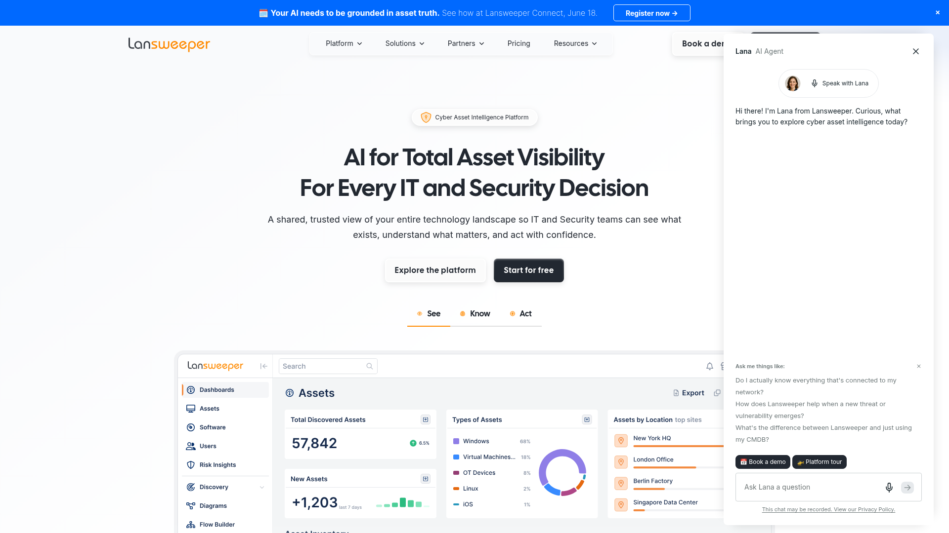 Lansweeper cyber asset intelligence platform homepage showing asset discovery and inventory