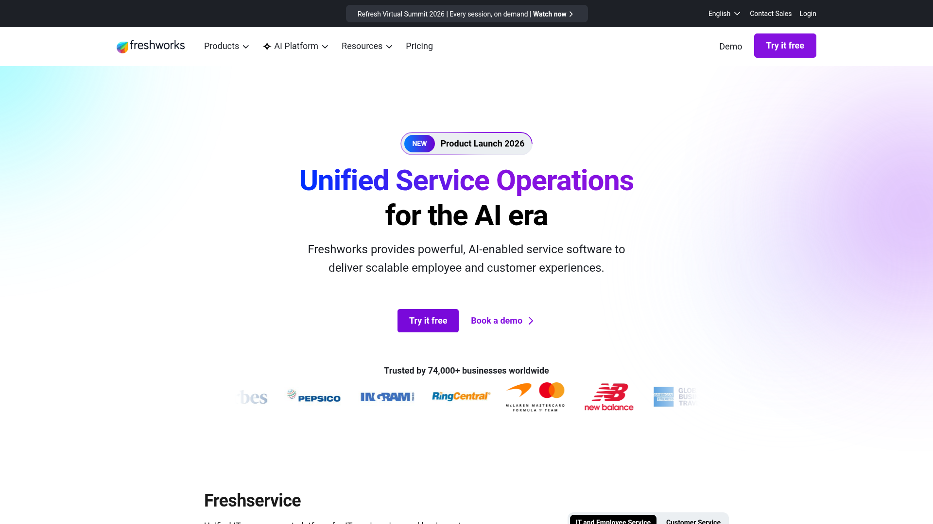 Freshservice AI-powered IT service management platform homepage