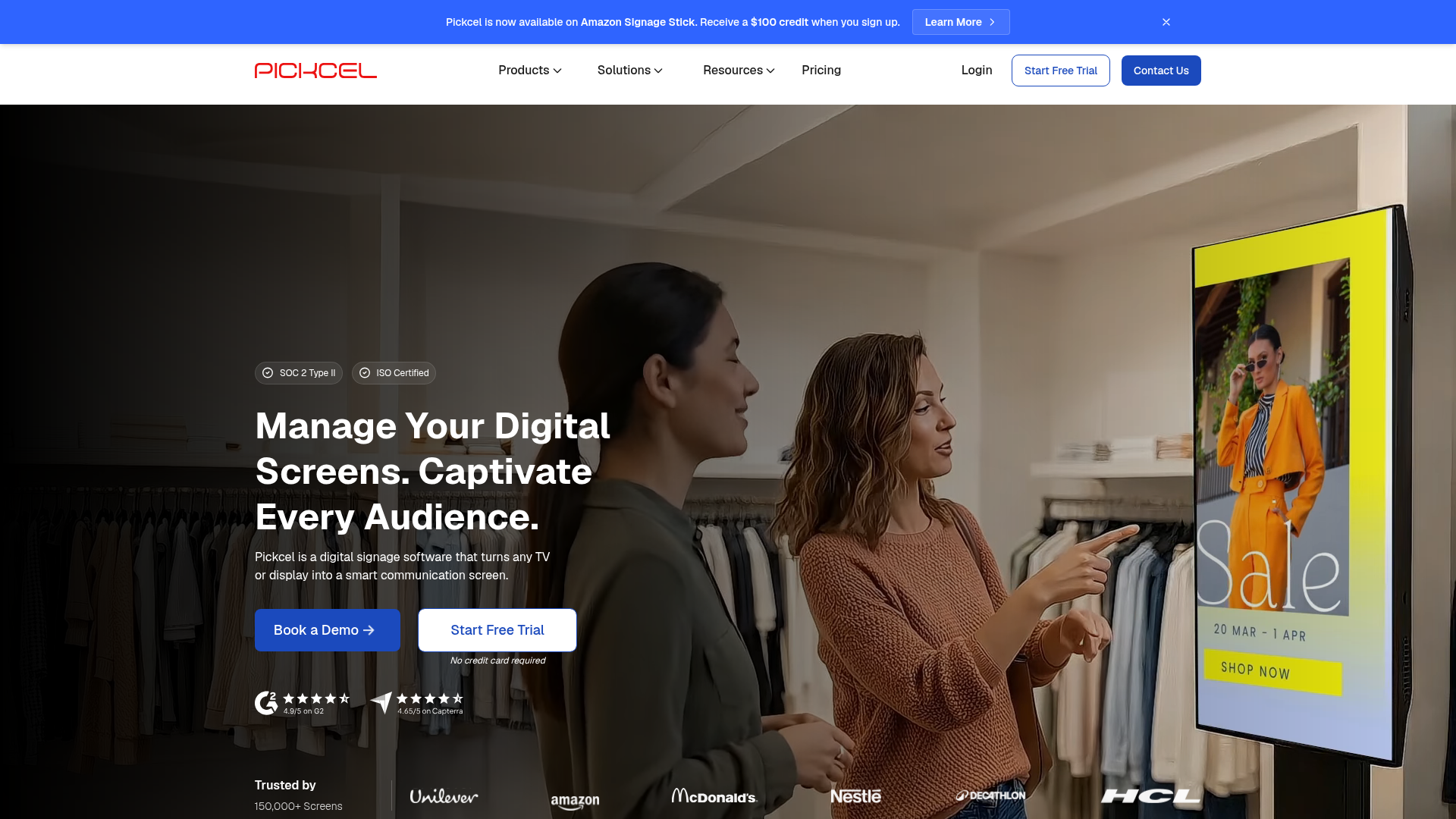 Pickcel digital signage software homepage