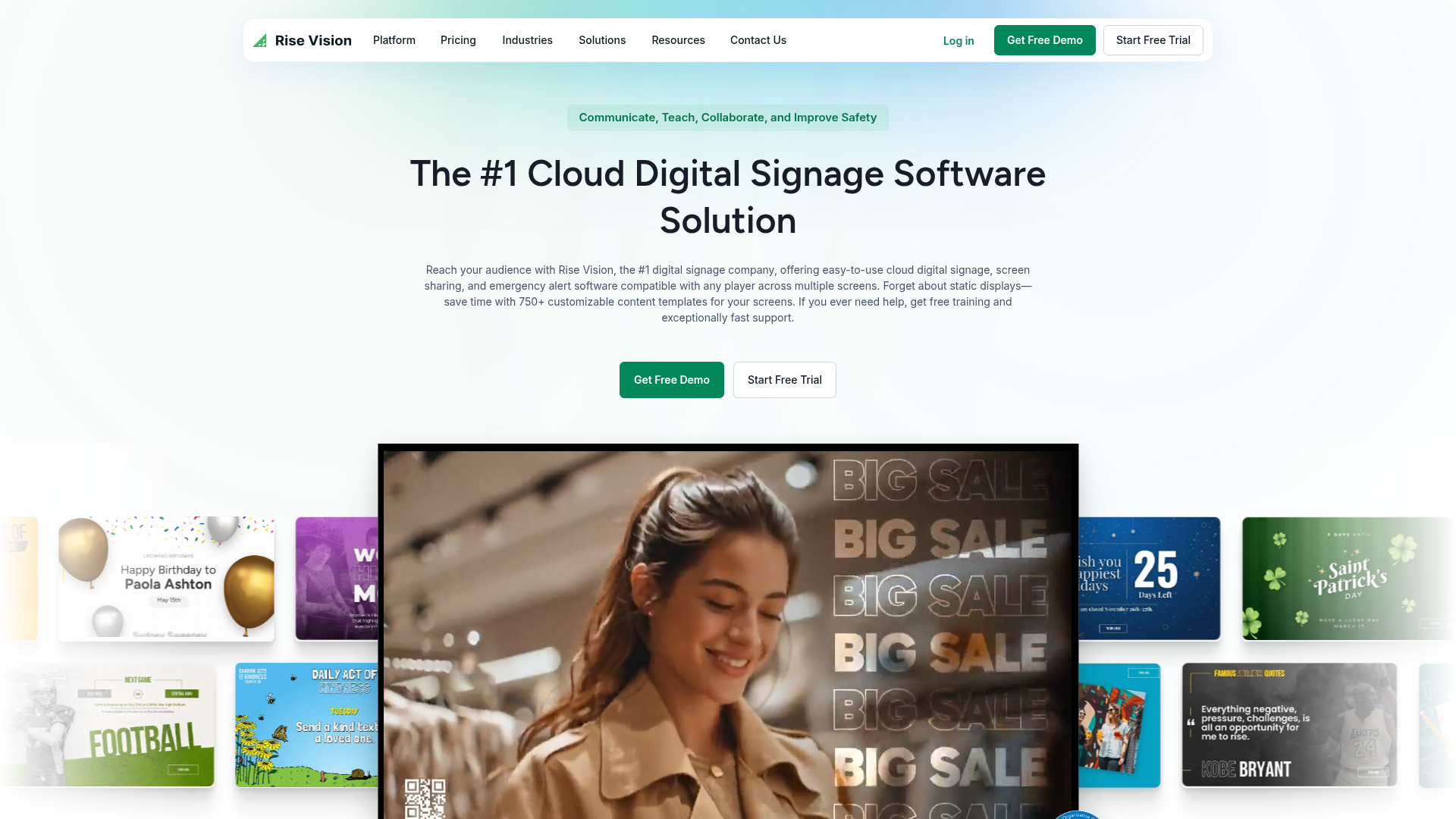 Rise Vision digital signage software homepage