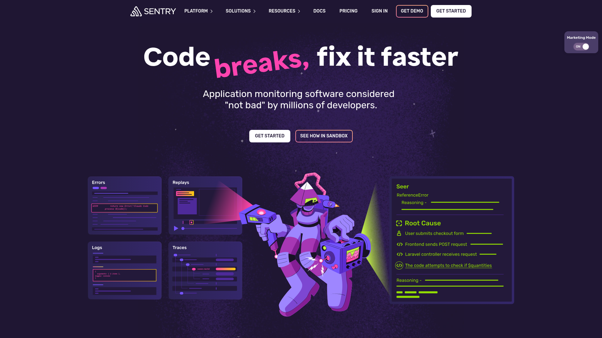Sentry error and performance monitoring dashboard