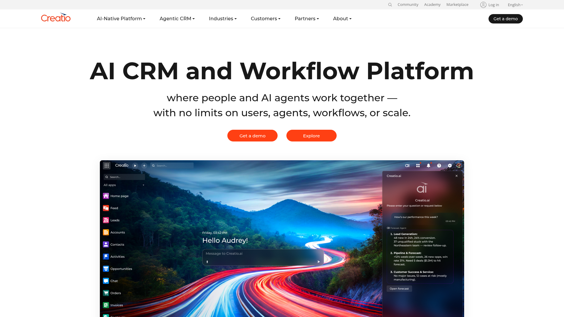 Creatio low-code CRM and process automation homepage