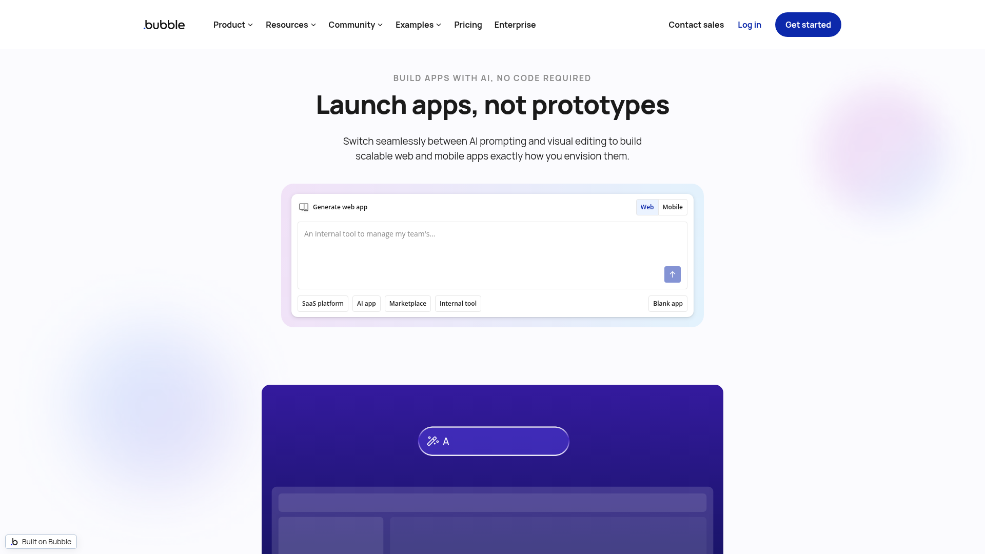 Bubble no-code web and mobile app builder homepage