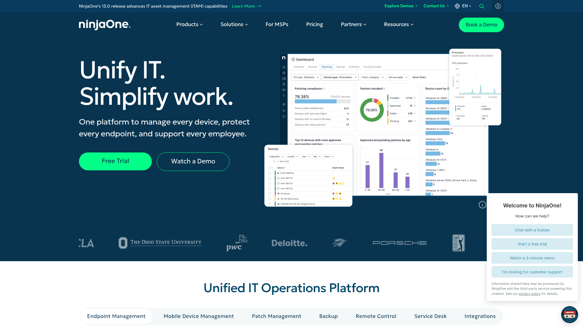 NinjaOne unified IT operations dashboard