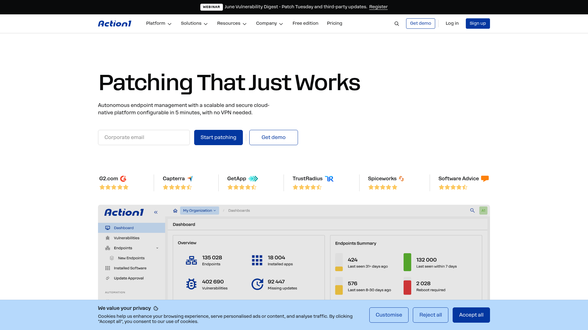 Action1 cloud-native patch management and vulnerability dashboard