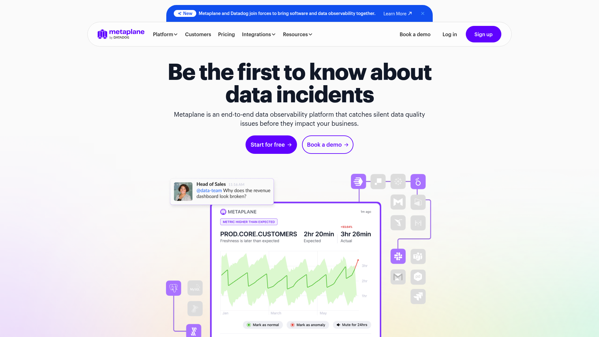 Metaplane data observability platform homepage