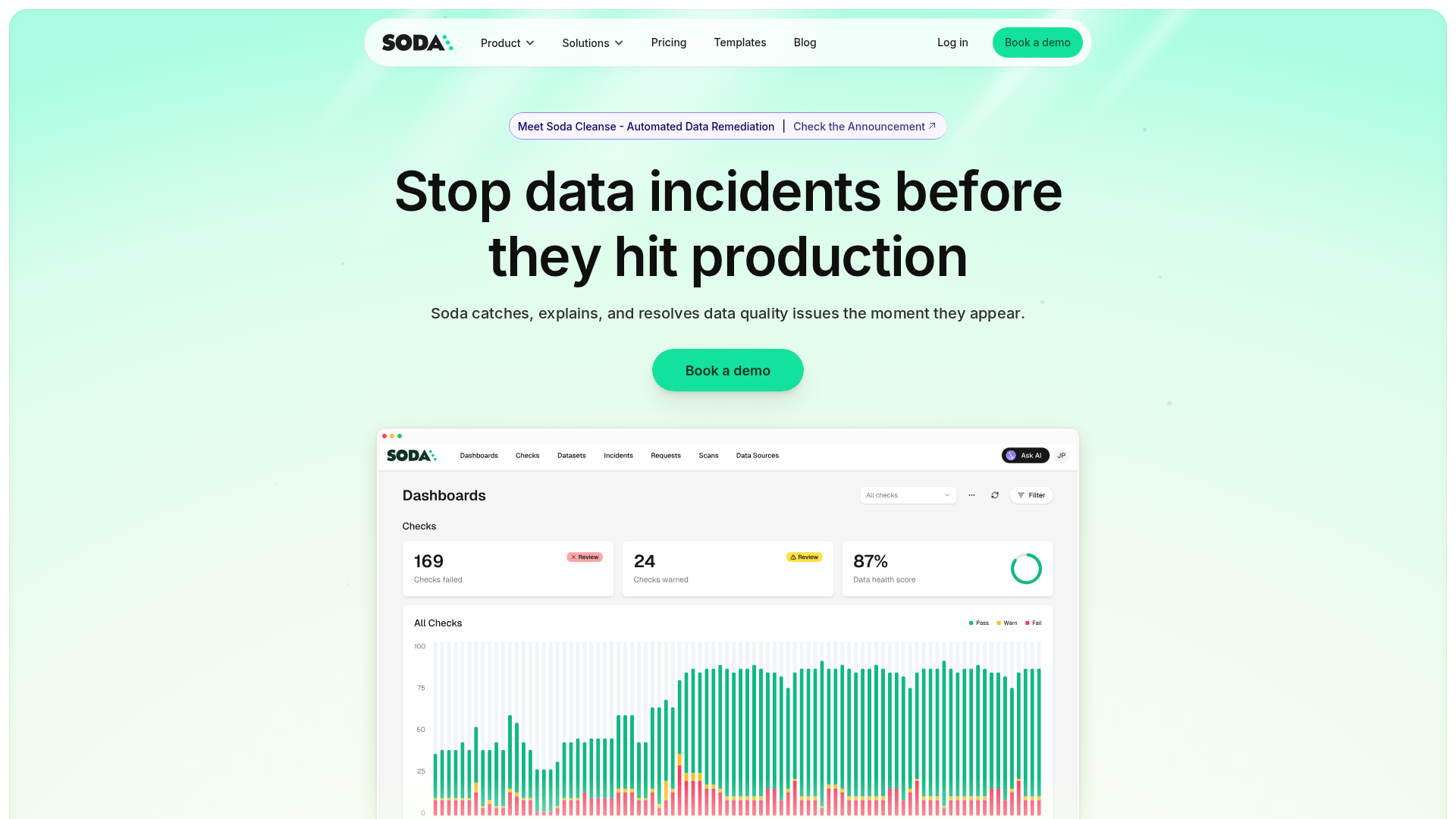 Soda data quality and observability platform homepage