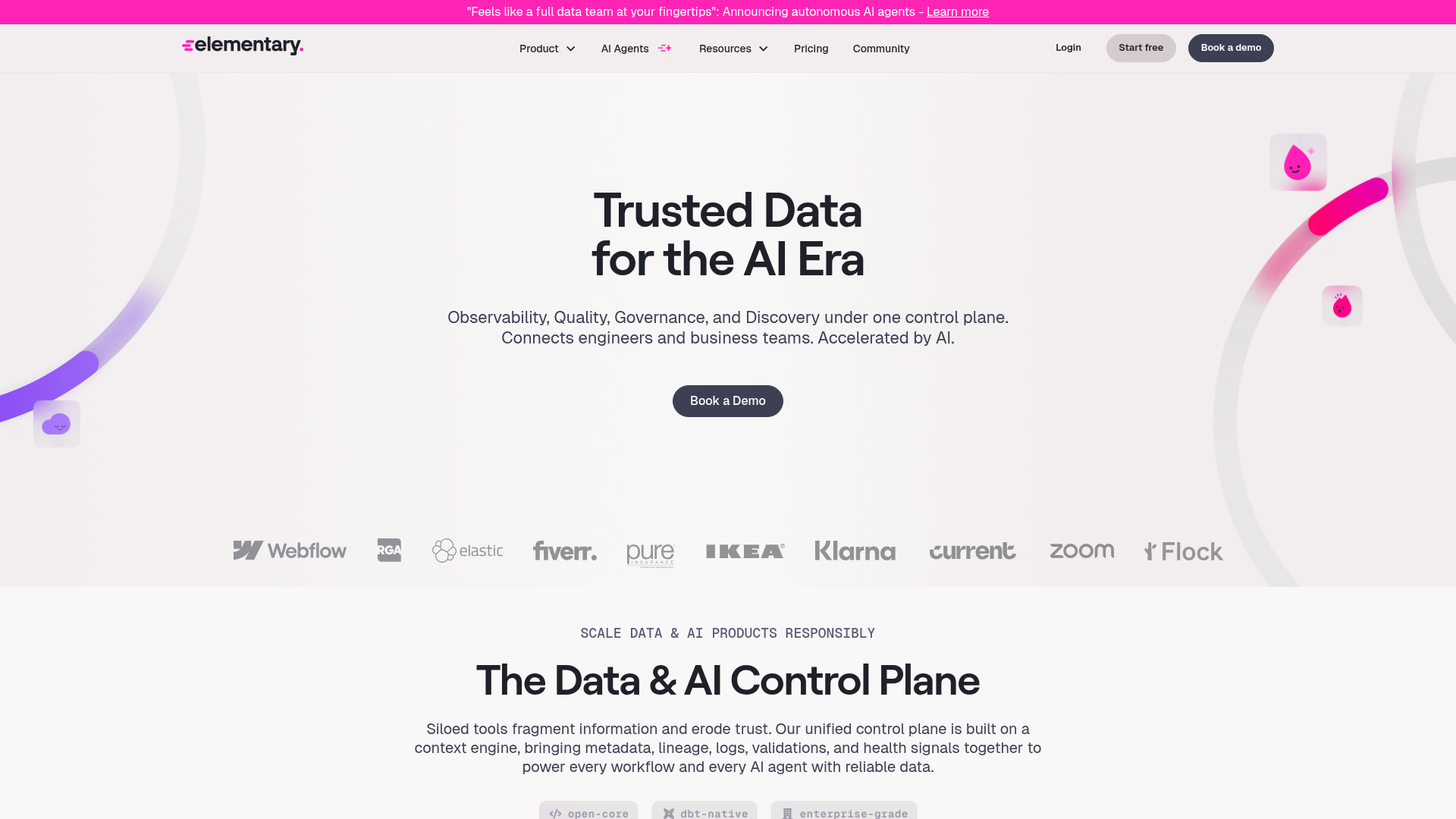 Elementary dbt-native data observability platform homepage
