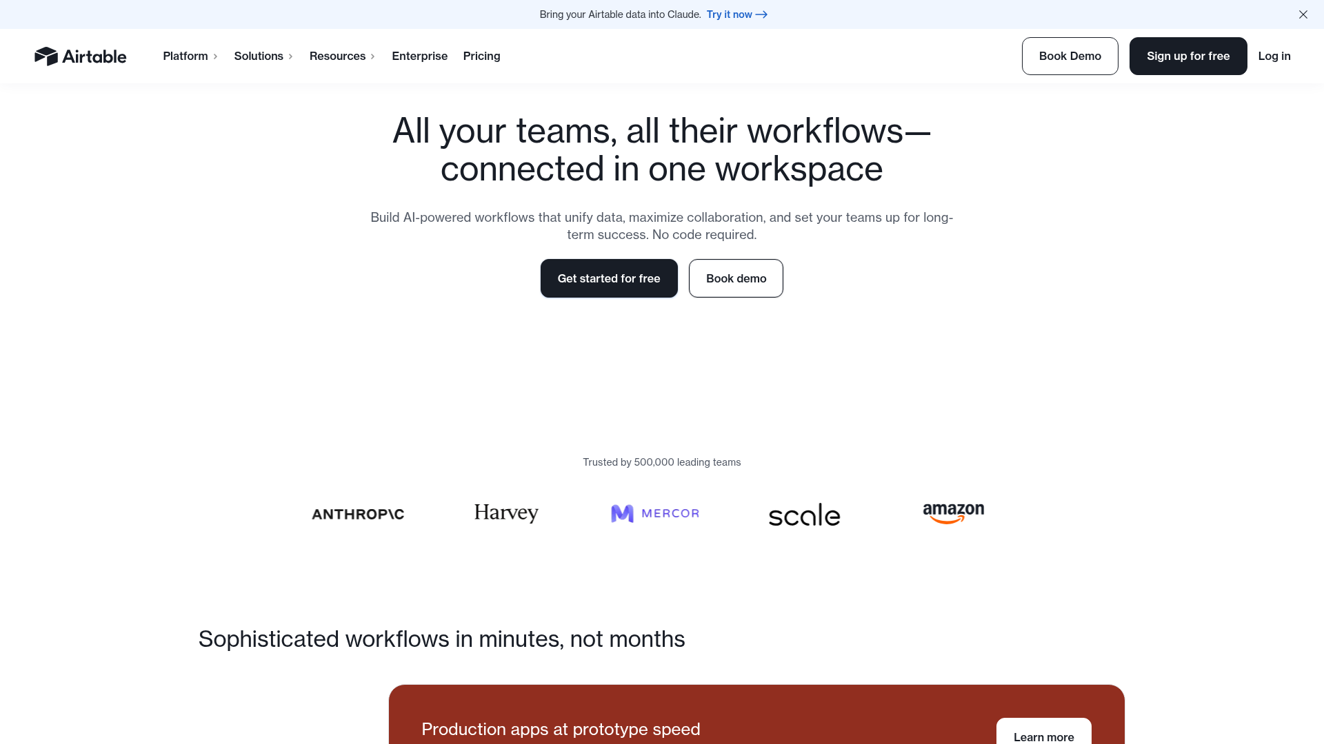 Airtable database and app platform homepage
