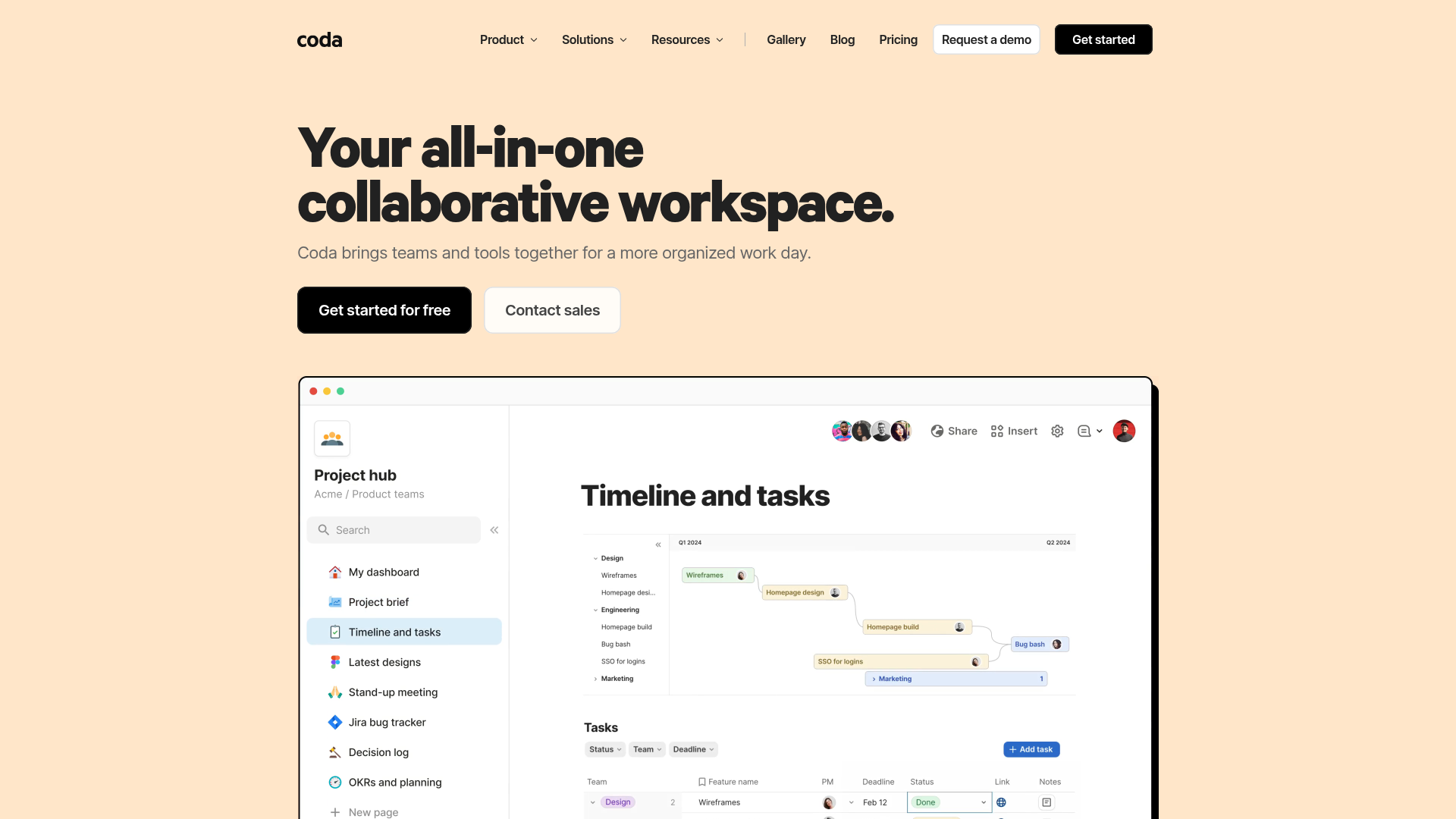 Coda doc and app platform homepage