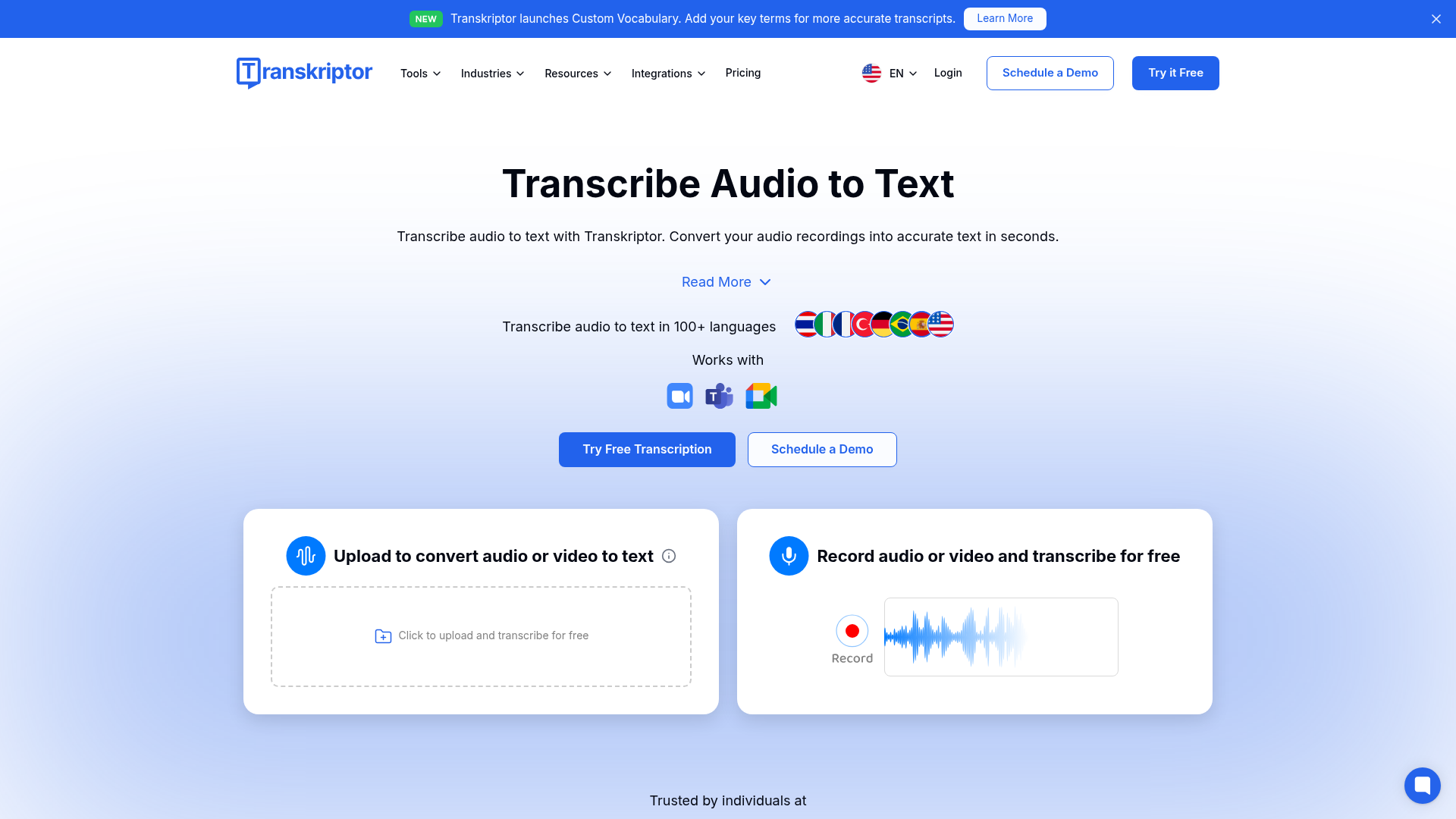 Transkriptor AI transcription interface