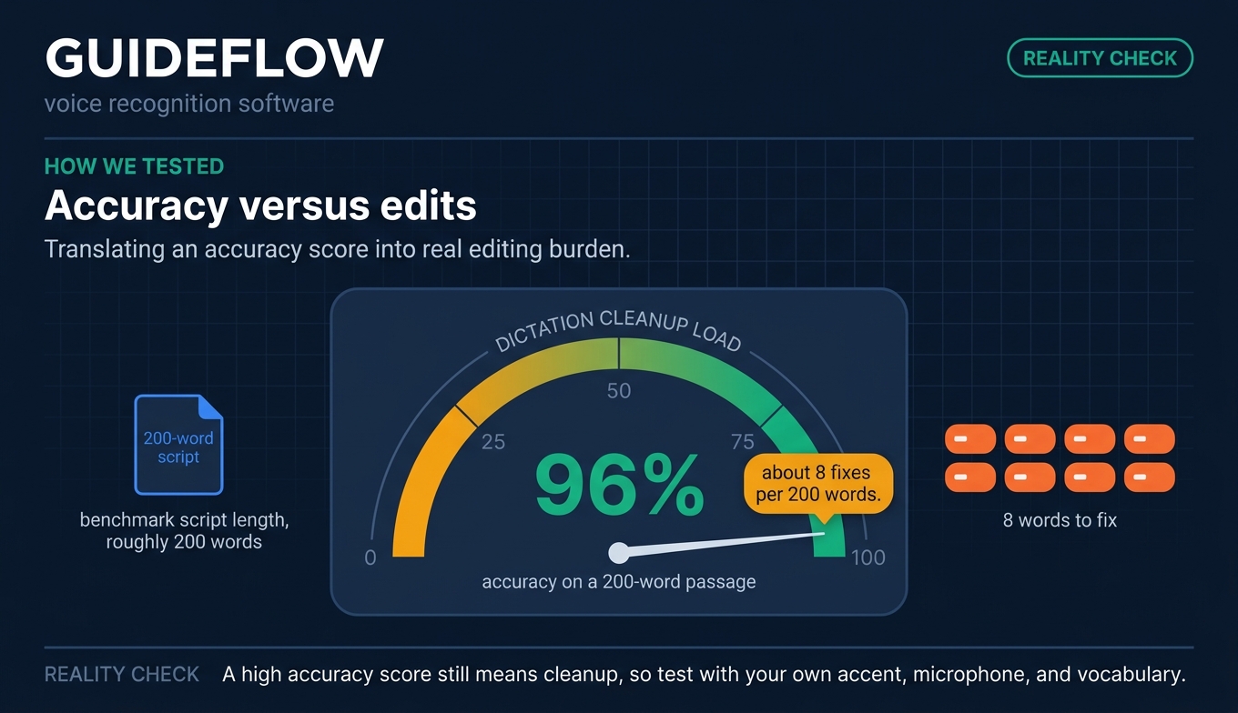 Voice recognition accuracy benchmark infographic showing 96 percent accuracy and eight edits per 200 words
