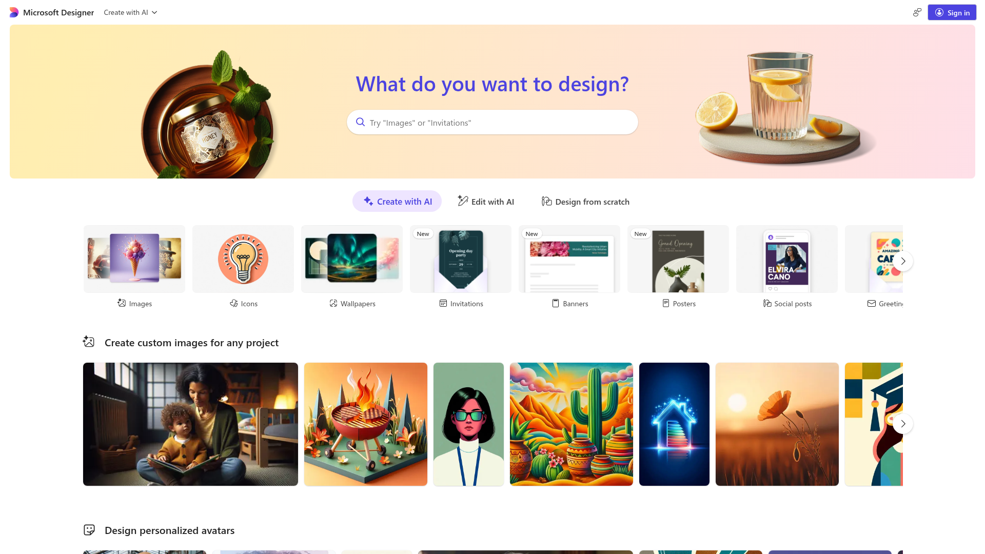 Microsoft Designer homepage screenshot
