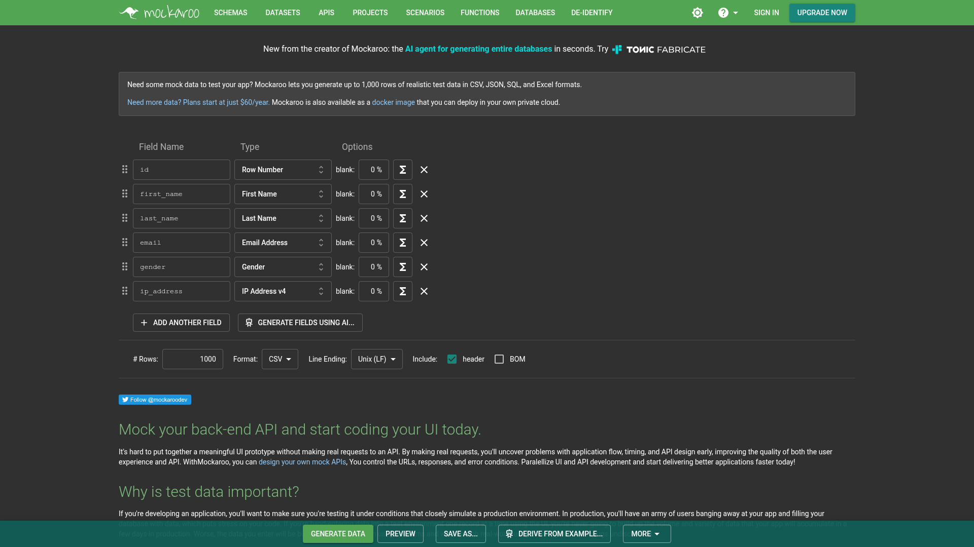 Mockaroo web-based test data generator