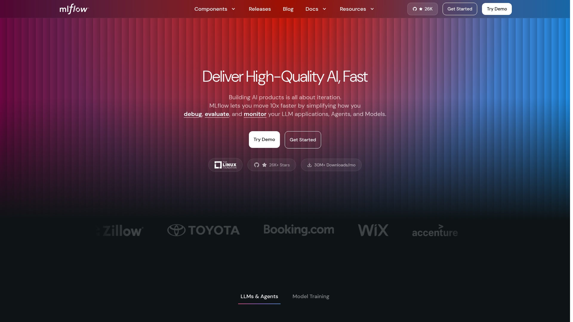 MLflow open-source experiment tracking and model registry homepage