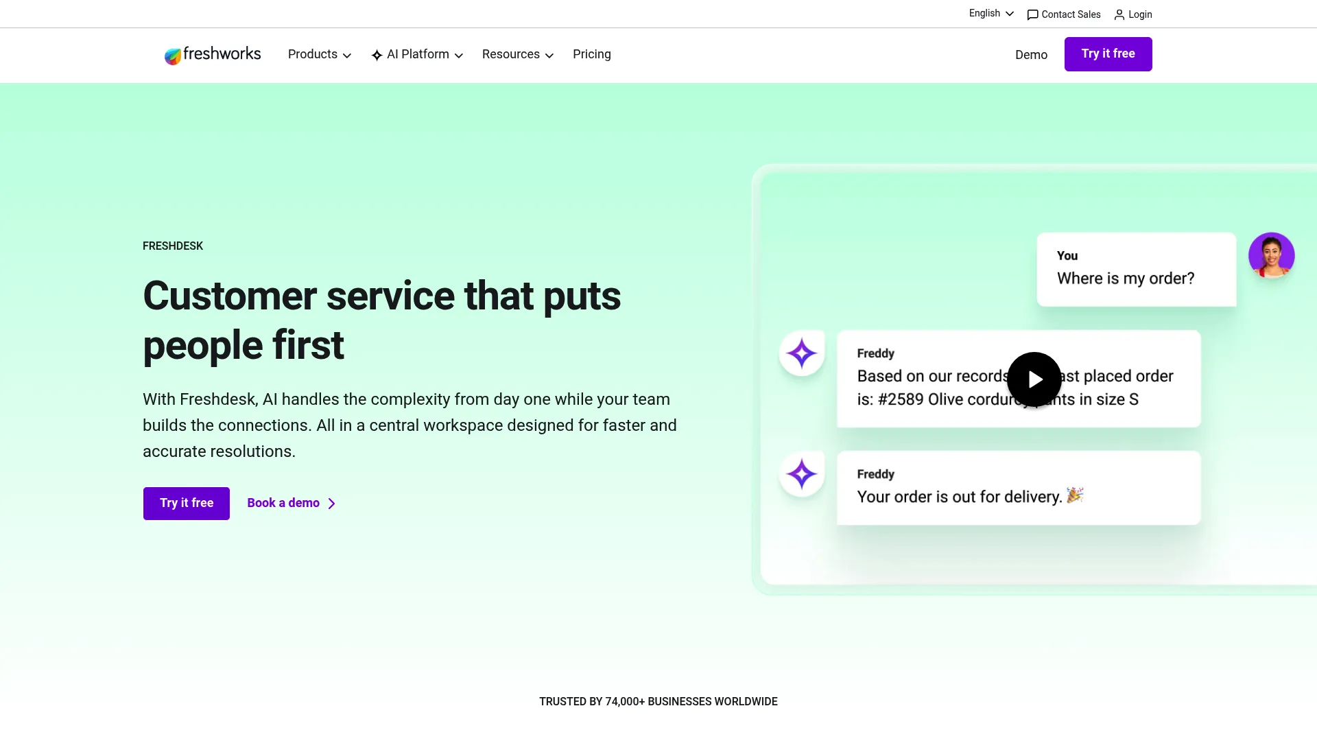 Freshdesk customer service and ticketing platform homepage.