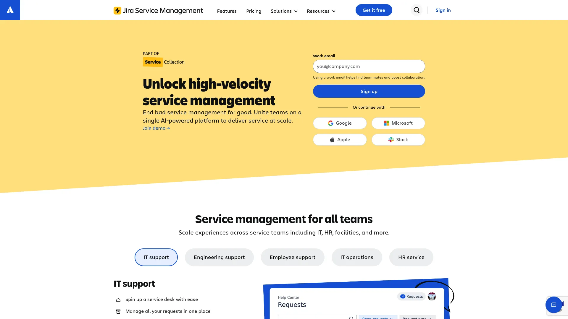 Jira Service Management ITSM and IT ticketing platform homepage.