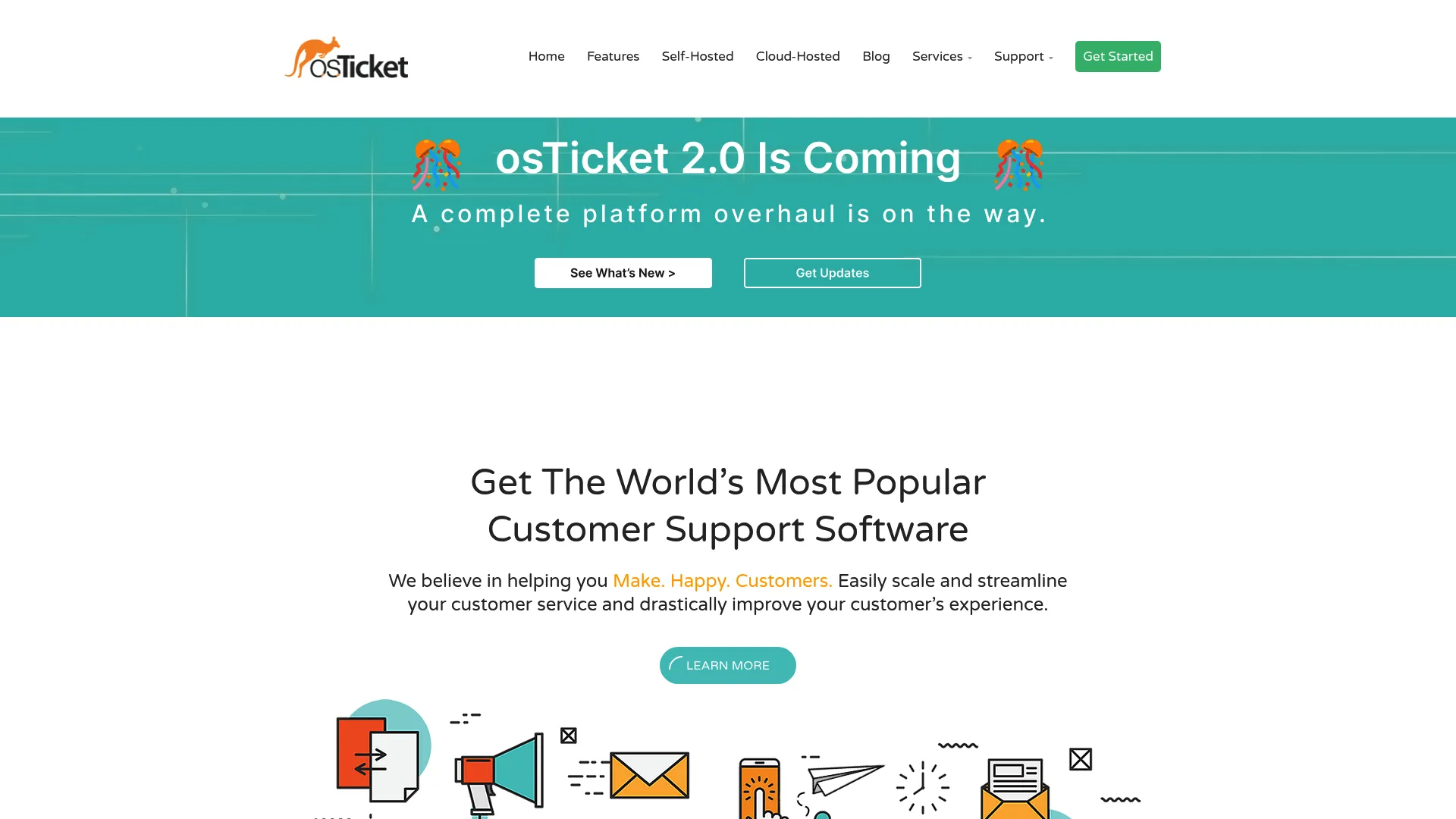 osTicket open-source support ticketing system homepage.