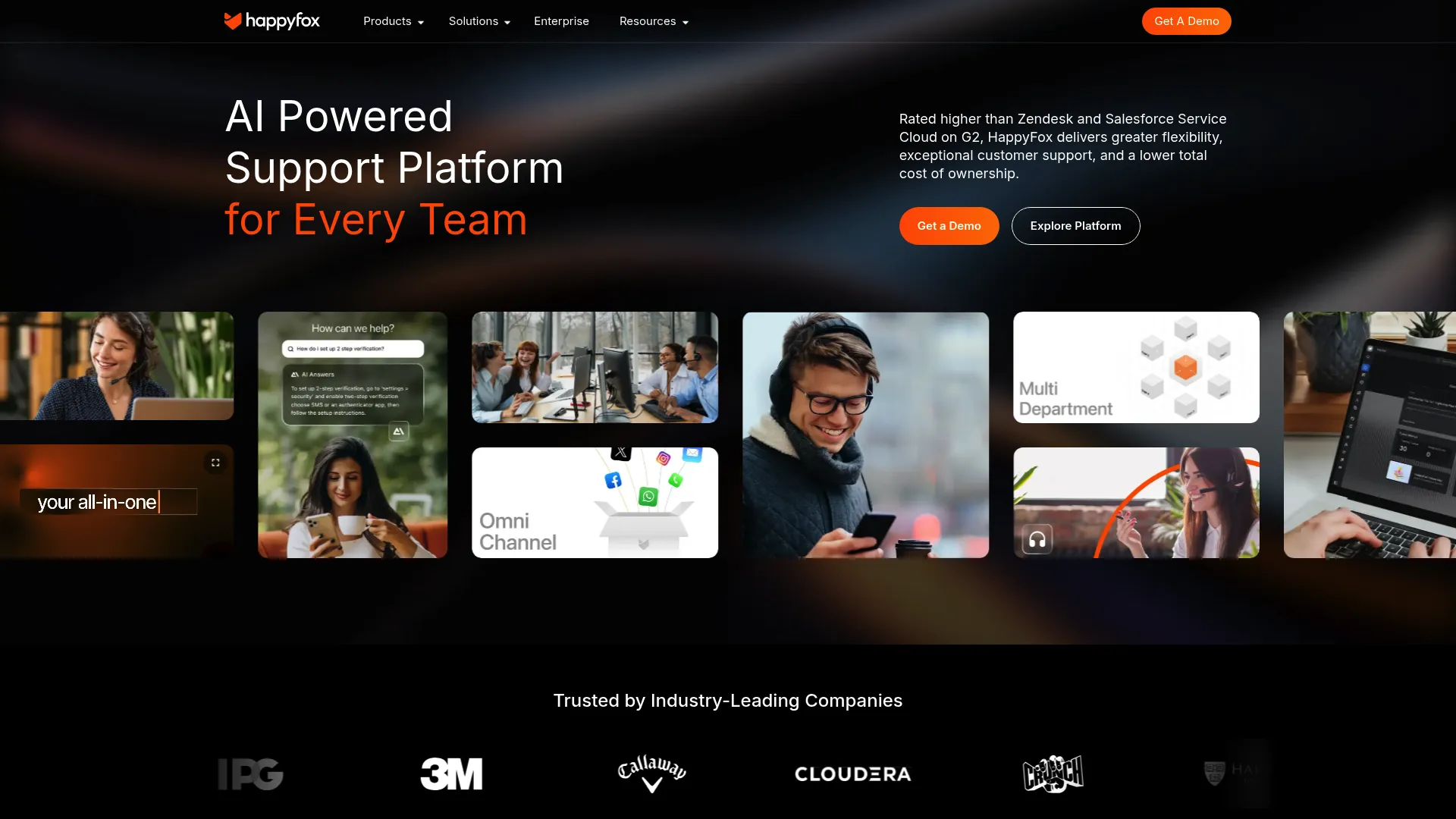 HappyFox AI-powered help desk and support platform homepage.