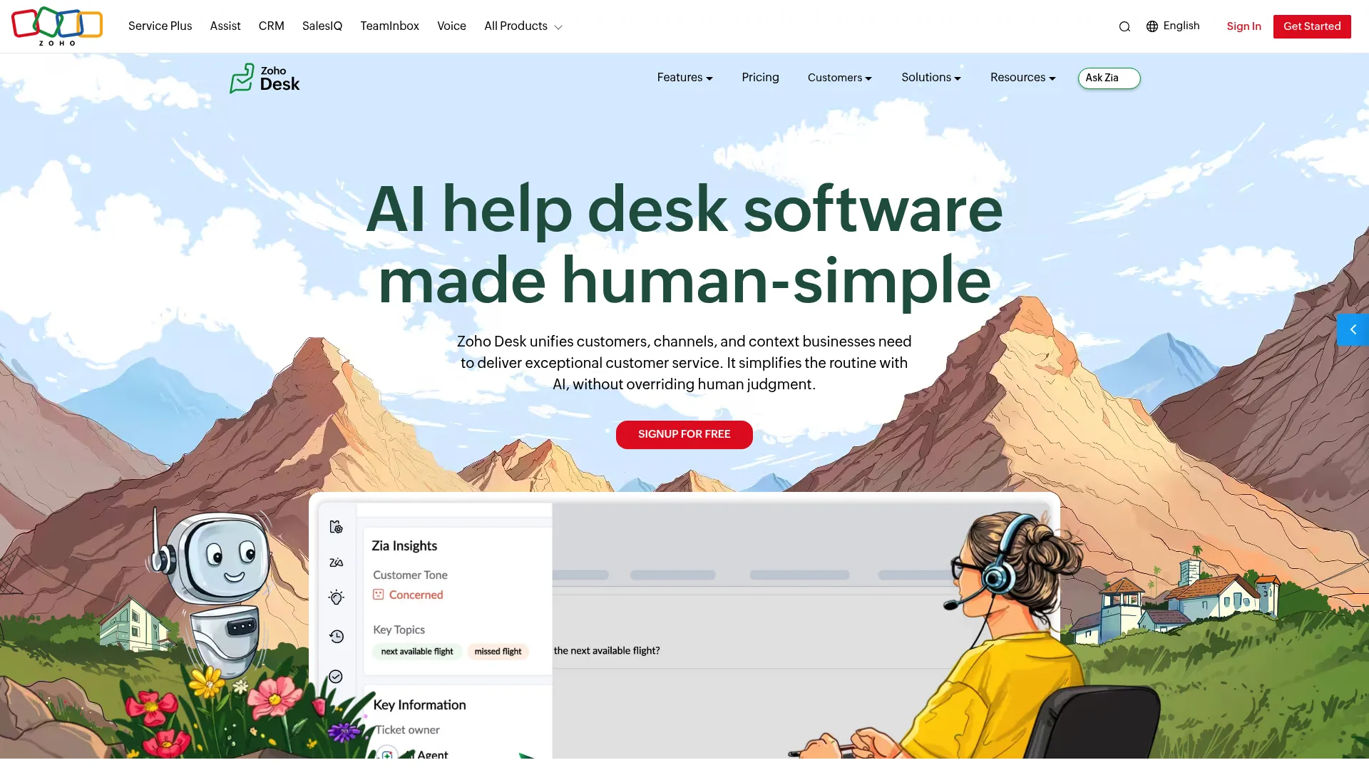Zoho Desk omnichannel help desk and ticketing platform homepage.