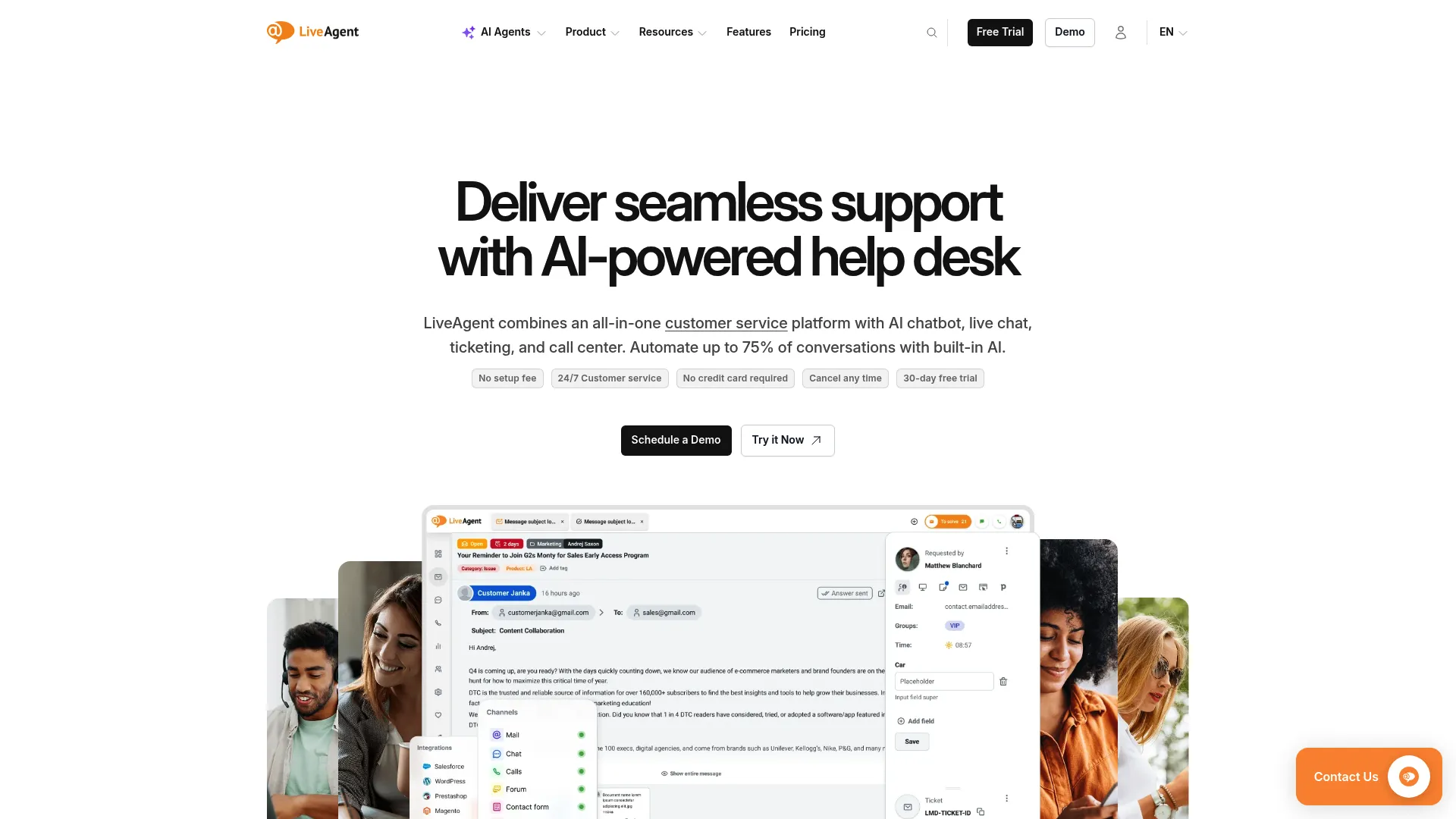 LiveAgent multi-channel help desk and live chat platform homepage.
