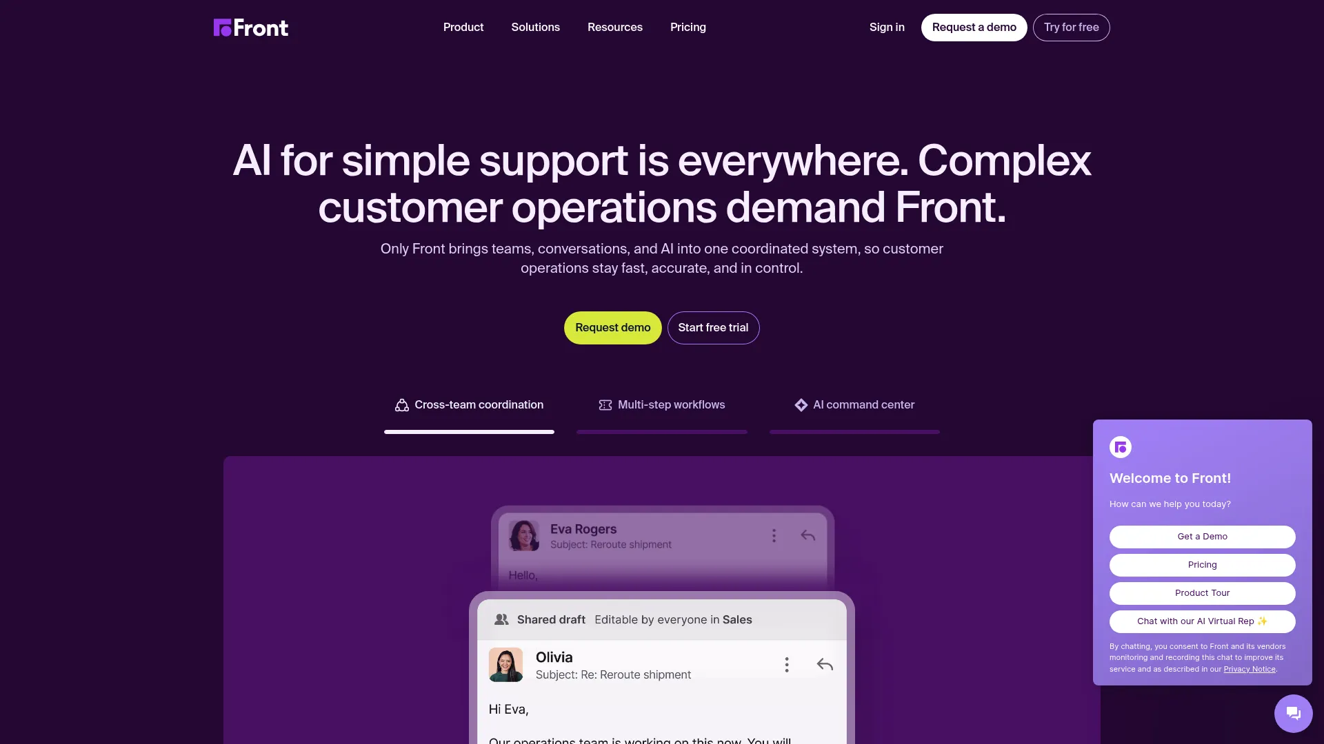 Front customer service software homepage