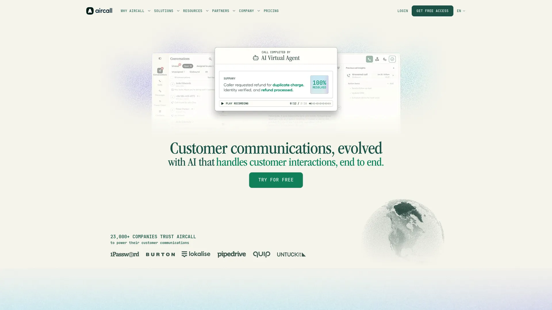 Aircall cloud call center software homepage