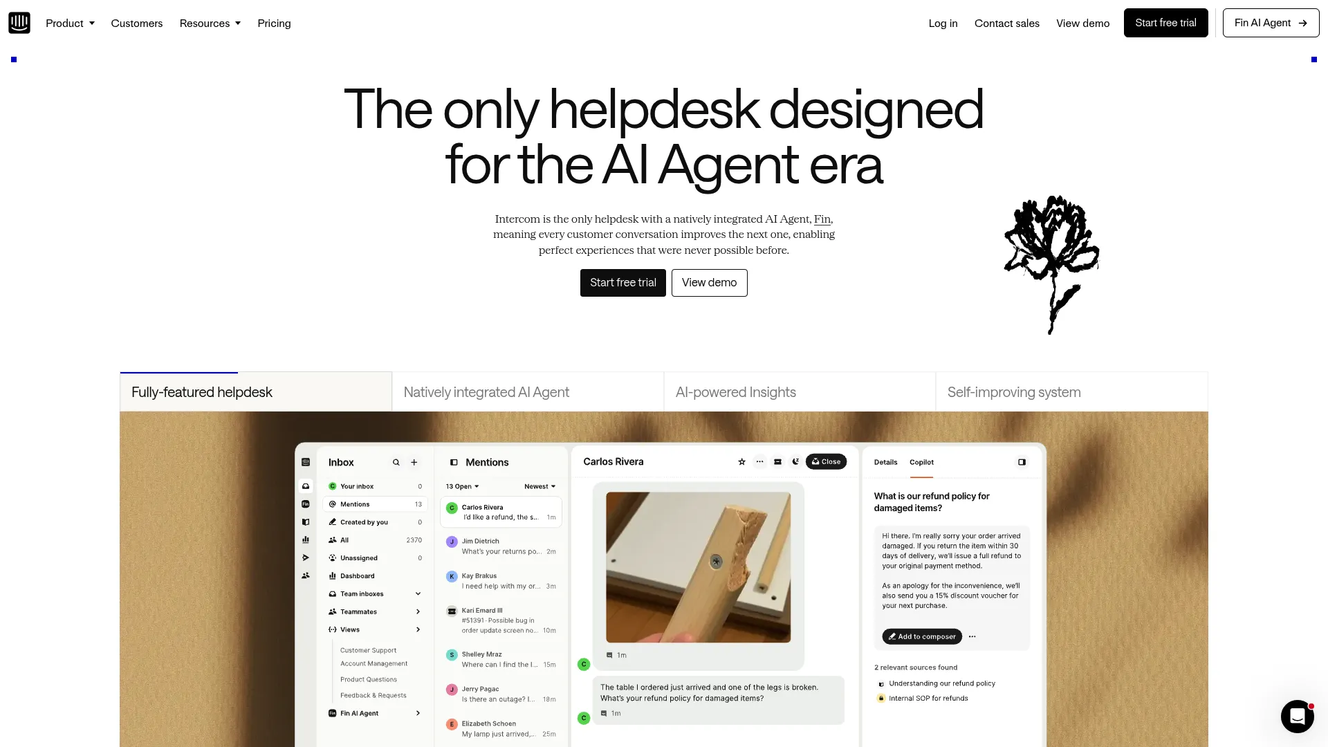 Intercom AI-powered customer service platform homepage