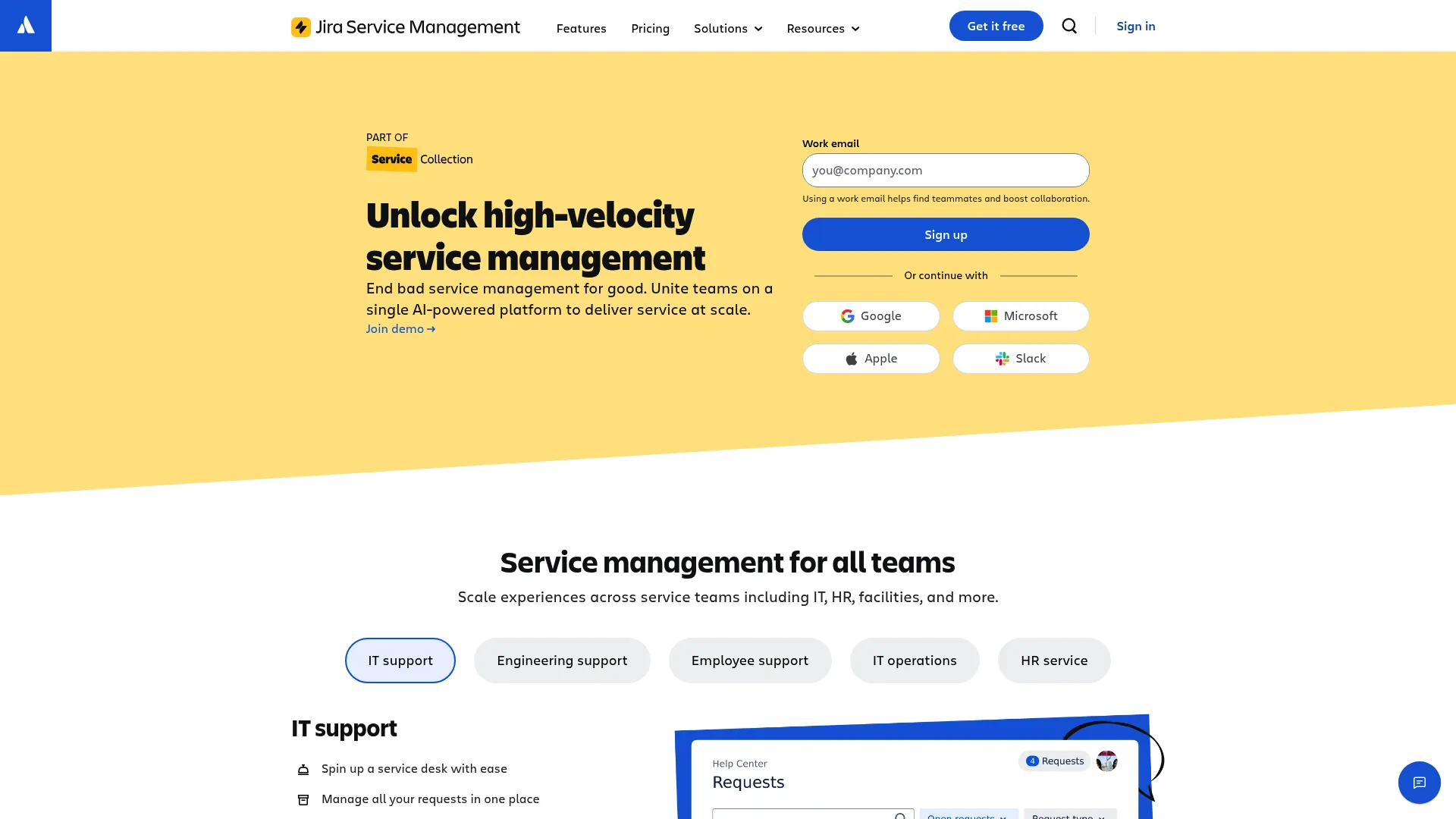 Jira Service Management ITSM homepage