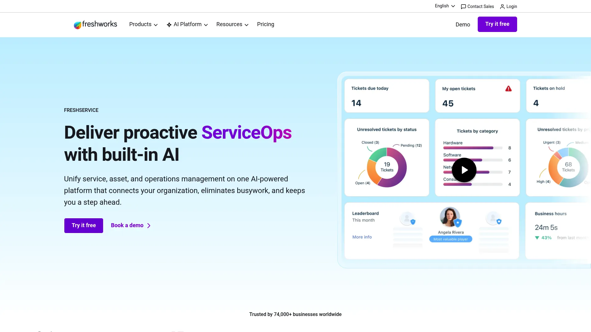 Freshservice ITSM platform homepage