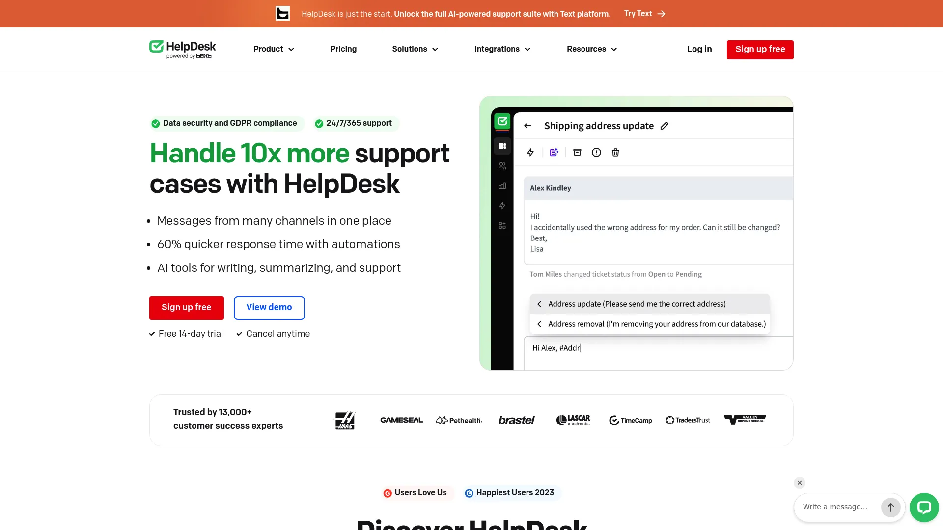 HelpDesk ticketing system homepage