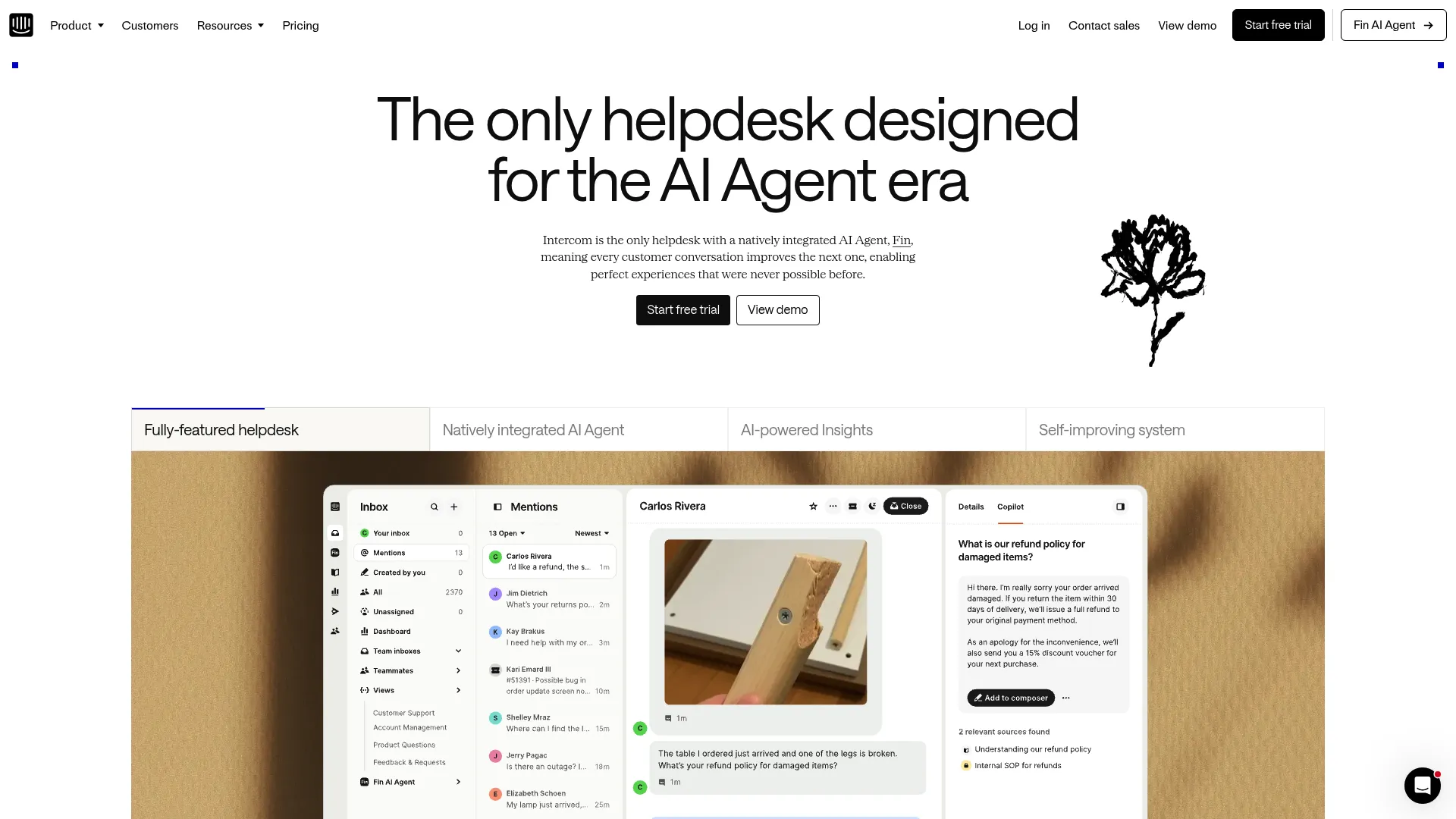 Intercom AI customer service platform homepage