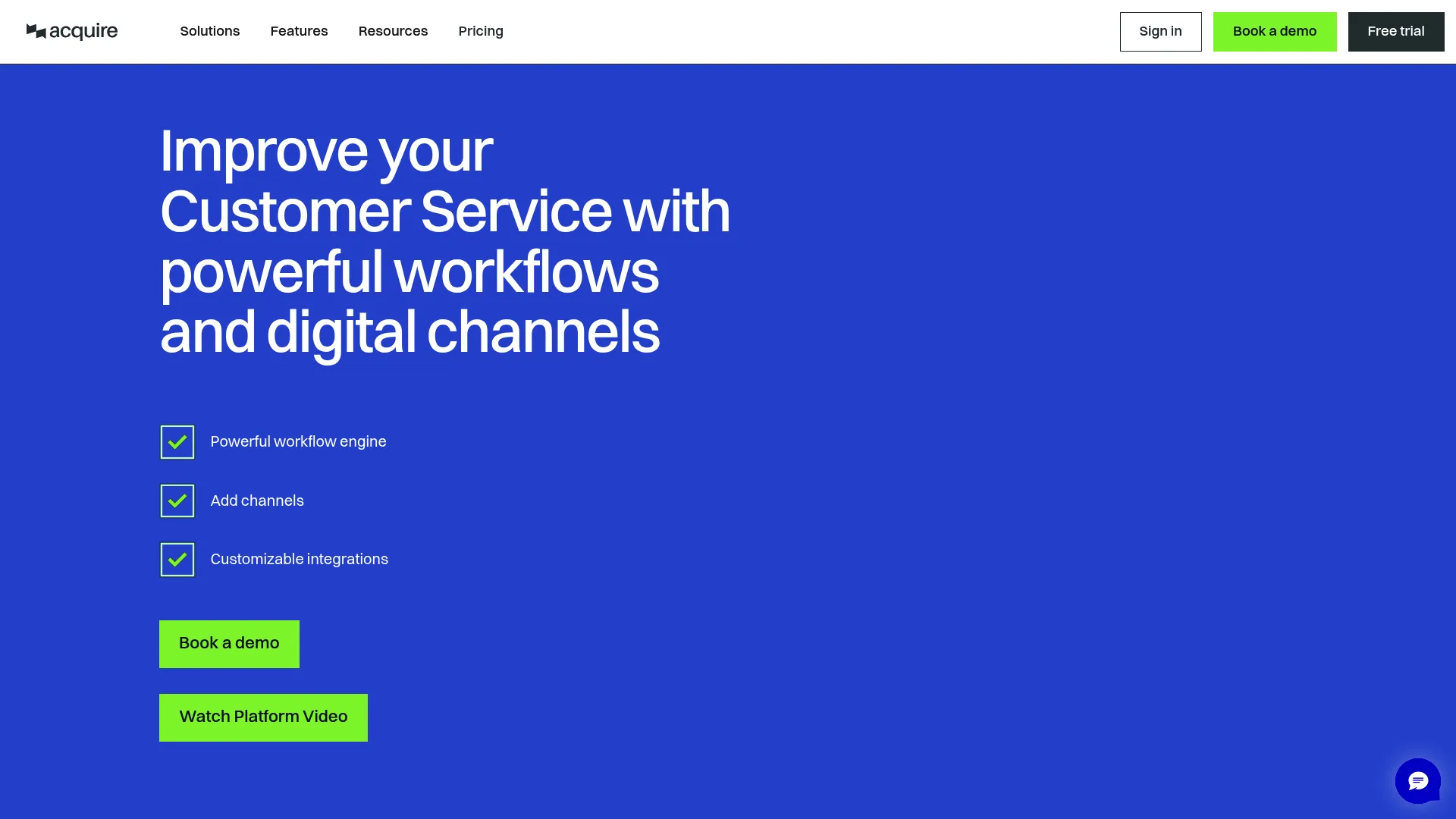 Acquire customer support platform with co-browsing software homepage.