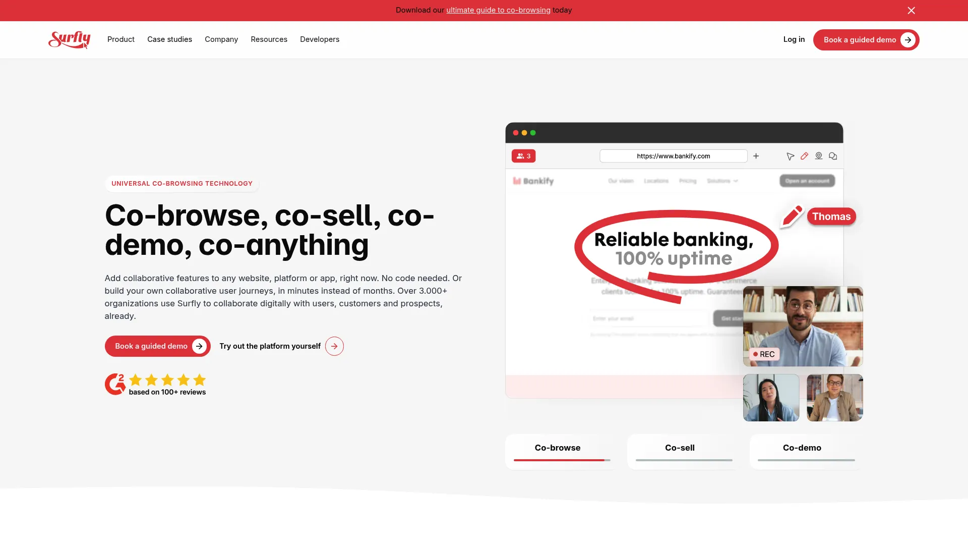 Surfly universal co-browsing software homepage.