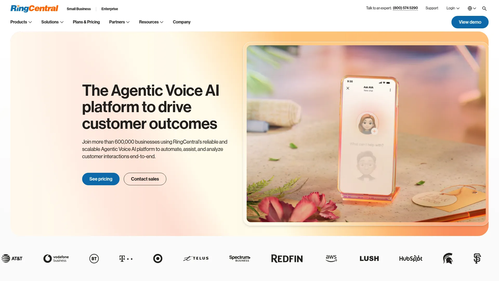 RingCentral unified communications and co-browsing software homepage.