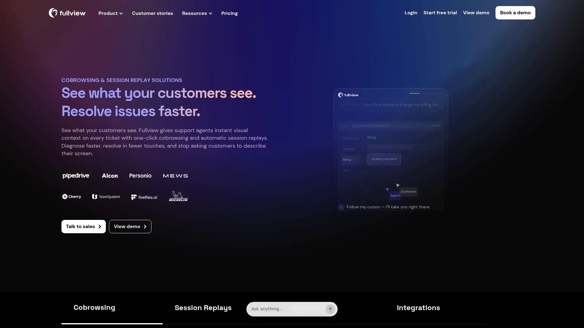 Fullview cobrowsing and session replay software homepage.