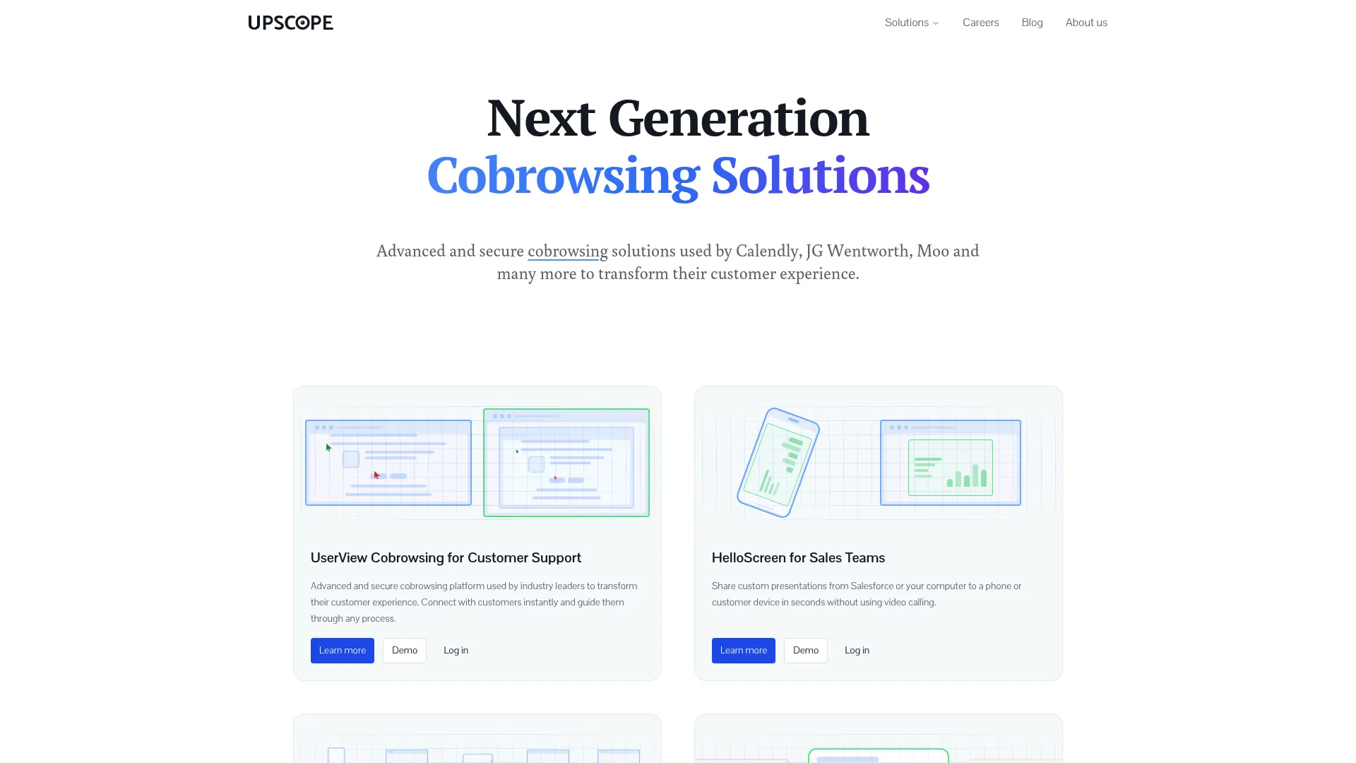 Upscope cobrowsing software homepage for SaaS support teams.