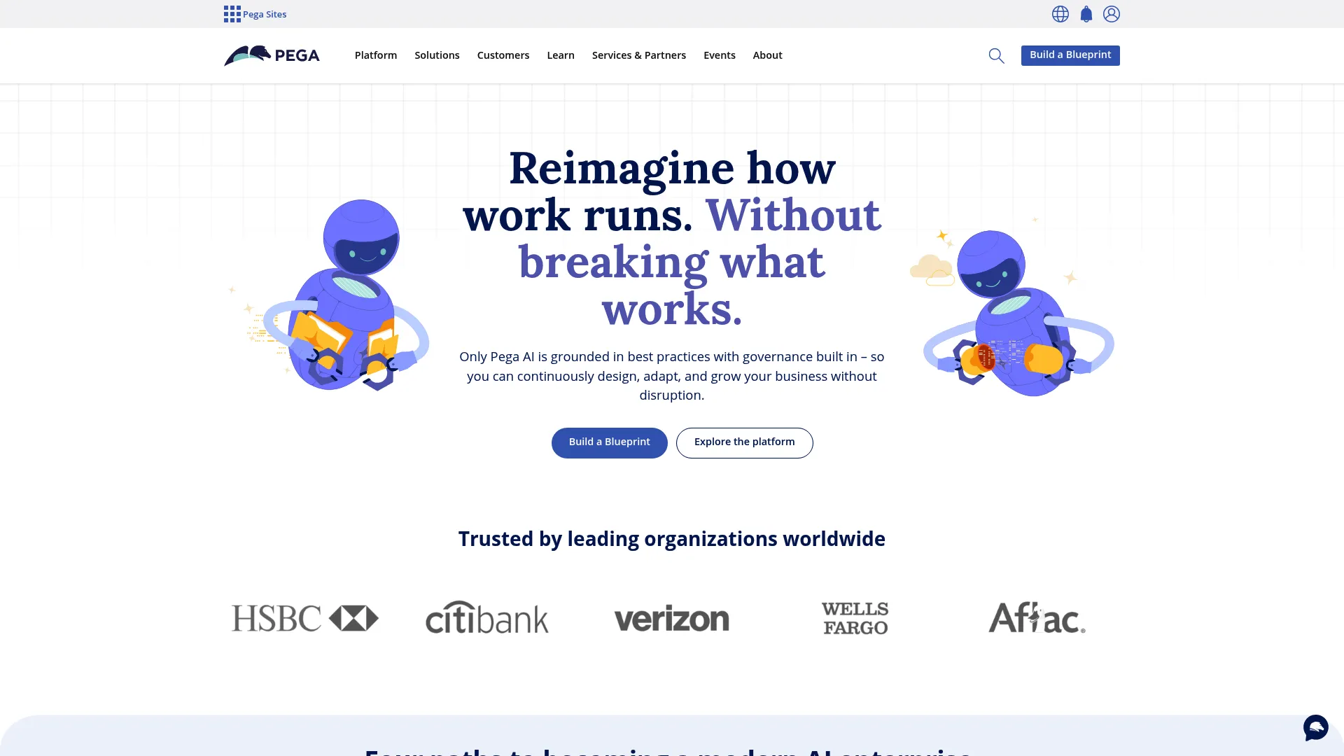 Pega enterprise CX platform with co-browsing software homepage.